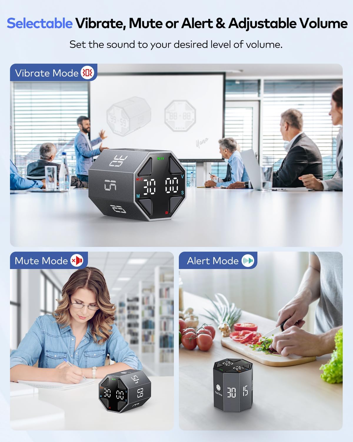 Pomodoro Timer Cube, Custom Pomodoro, Pause & Resume, Silent, Vibrate & Adjustable Sound Alert, for ADHD, Task, Work, Study, 3/5/10/15/30/45/60min & Custom Countdown,Gray