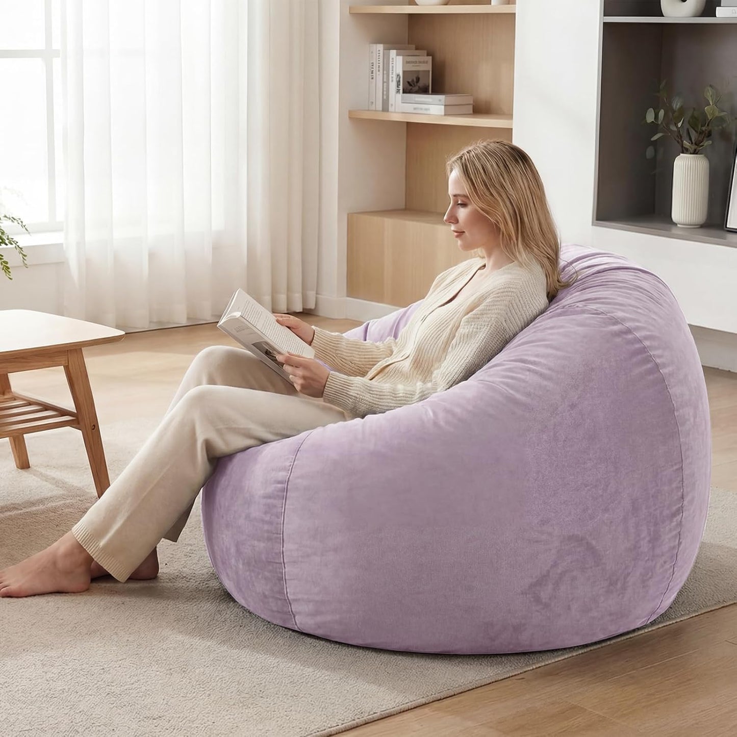 YuppieLife 4FT Bean Bag Chair, Foam Filled Bean Bags with Comfy Dutch Velvet & Machine Washable Cover, Adults BeanBag for Livingroom Bedroom, Purple