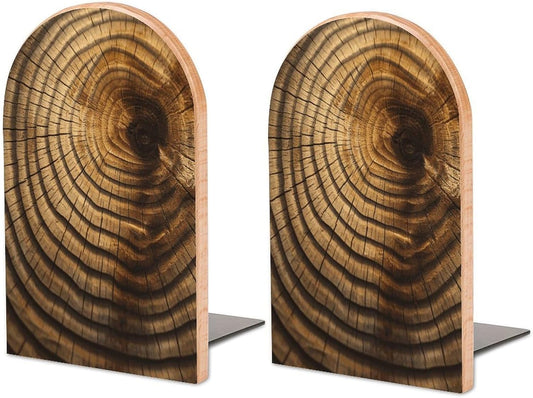 Tree Rings Wooden Bookend Non-Slip Book Ends Heavy Duty Book Stopper with Metal Base Books Holderd Decorative Bookends Stands Firmly for Office Supplies