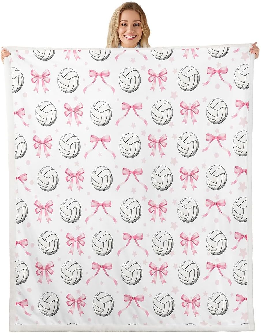 Feelyou Pink Bow Volleyball Sherpa Throw Blanket for Couch Pink Bow Super Soft Cozy Fleece Cute Bowknot Blanket for Winter, Plush Throw Sports Game Baby 30"x40" All Season