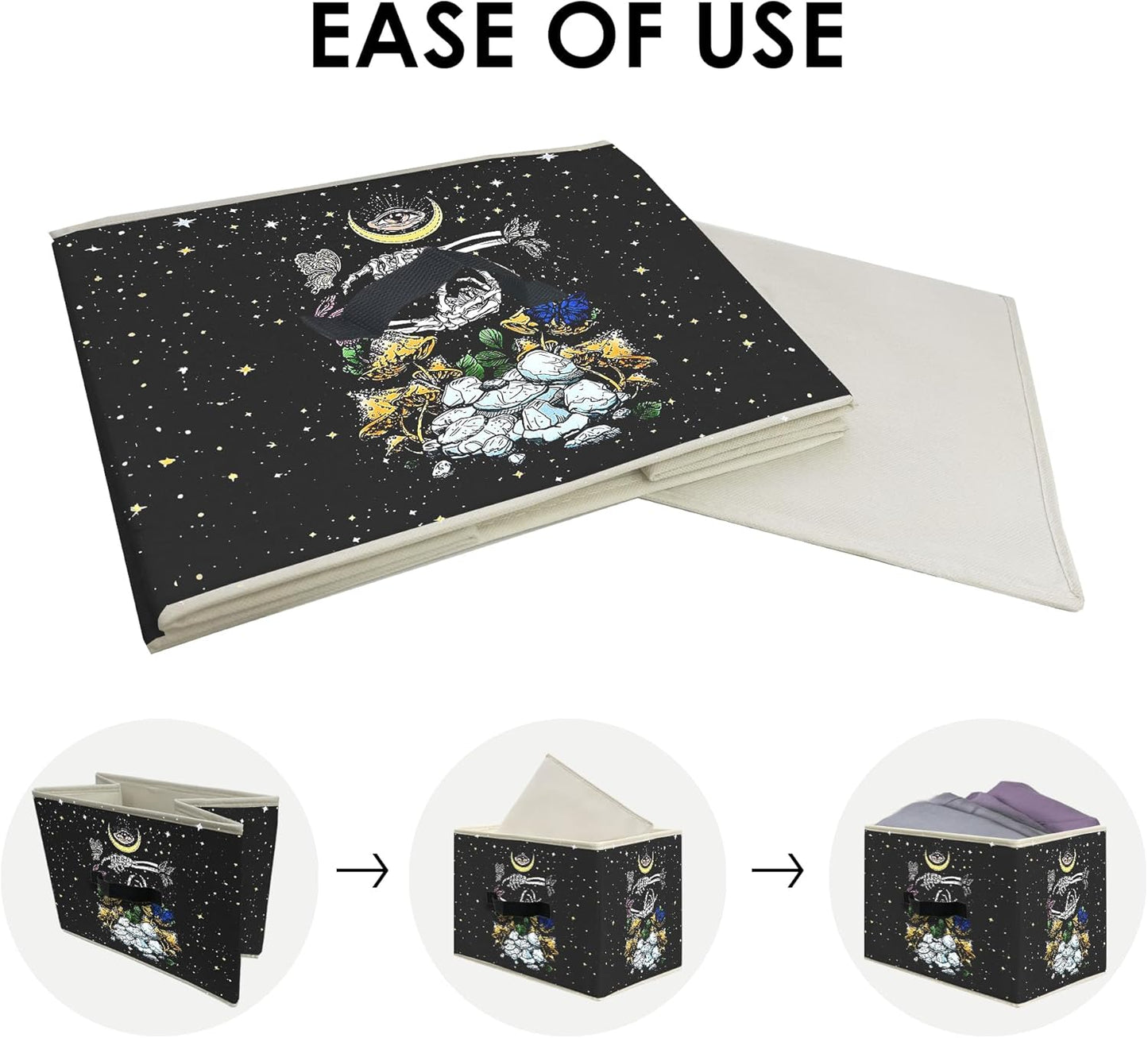 Knibeo Gothic Skull Mushroom Moon Fabric Storage Bins for Shelves Closet, Skeleton Butterfly Tarot Gothic Aesthetic Collapsible Cube Baskets Organizer for Clothes Books Toys