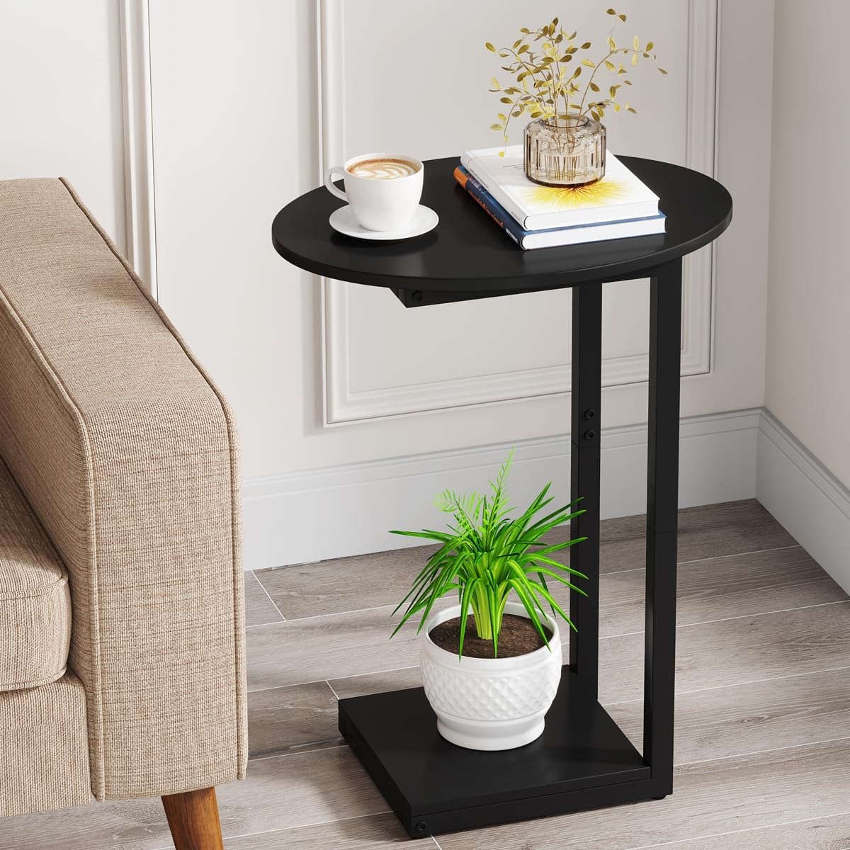 Hosfais Small Side Table End Table, C-Shaped Wood Coffee Table TV Tray for Eating Couch Tables for Small Space, Living Room, (Black)