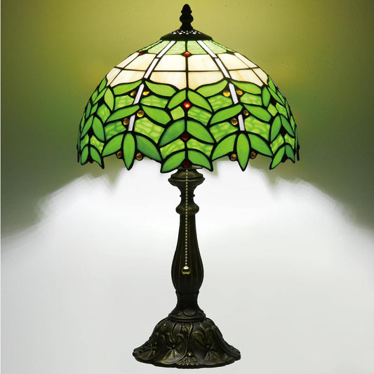 Tiffany Style Stained Glass Table Lamp 12-inch Dia Natural Green Leaf Design Lampshade Nightstand Light for Bedroom Dining Dorm Living Hallway Cottage Office Cafe Ceremony Housewarming Gift