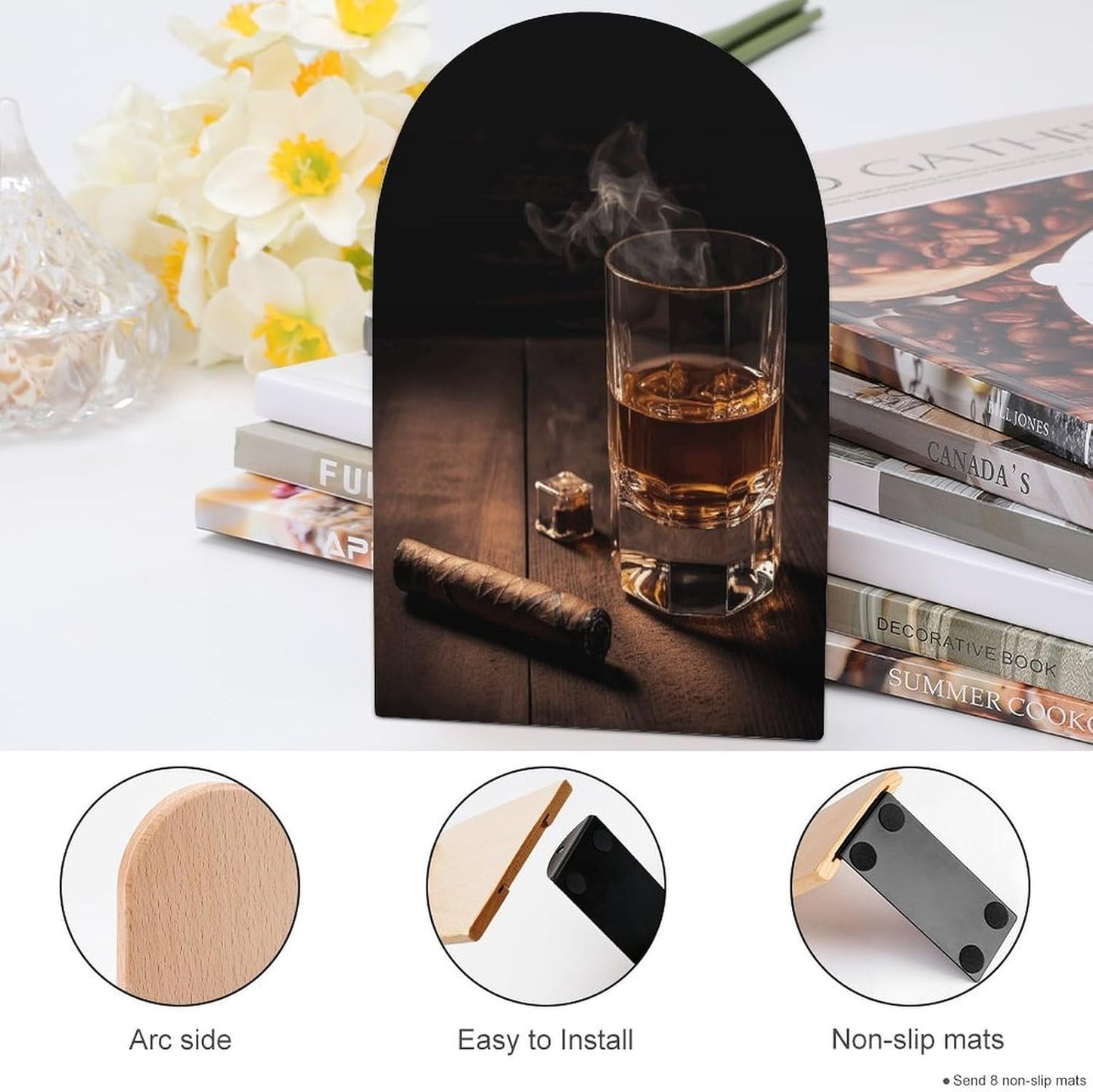 Cigar & Whiskey Bookend for Shelves Wooden Book End Large Size Sturdy Book Holders Stoppers with Metal Base for Bookshelves Slick Decorative Bookends Stands