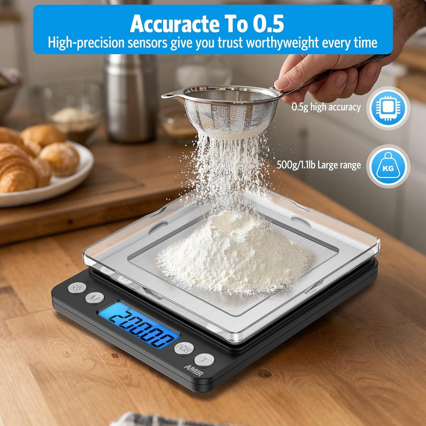 AMIR Digital Kitchen Scale, 500g/0.01g Mini Pocket Jewelry Scale, Cooking Food Scale with Backlit LCD Display, 2 Trays, 6 Units, Auto Off, Tare, PCS Function, Stainless Steel, Battery Included, Black