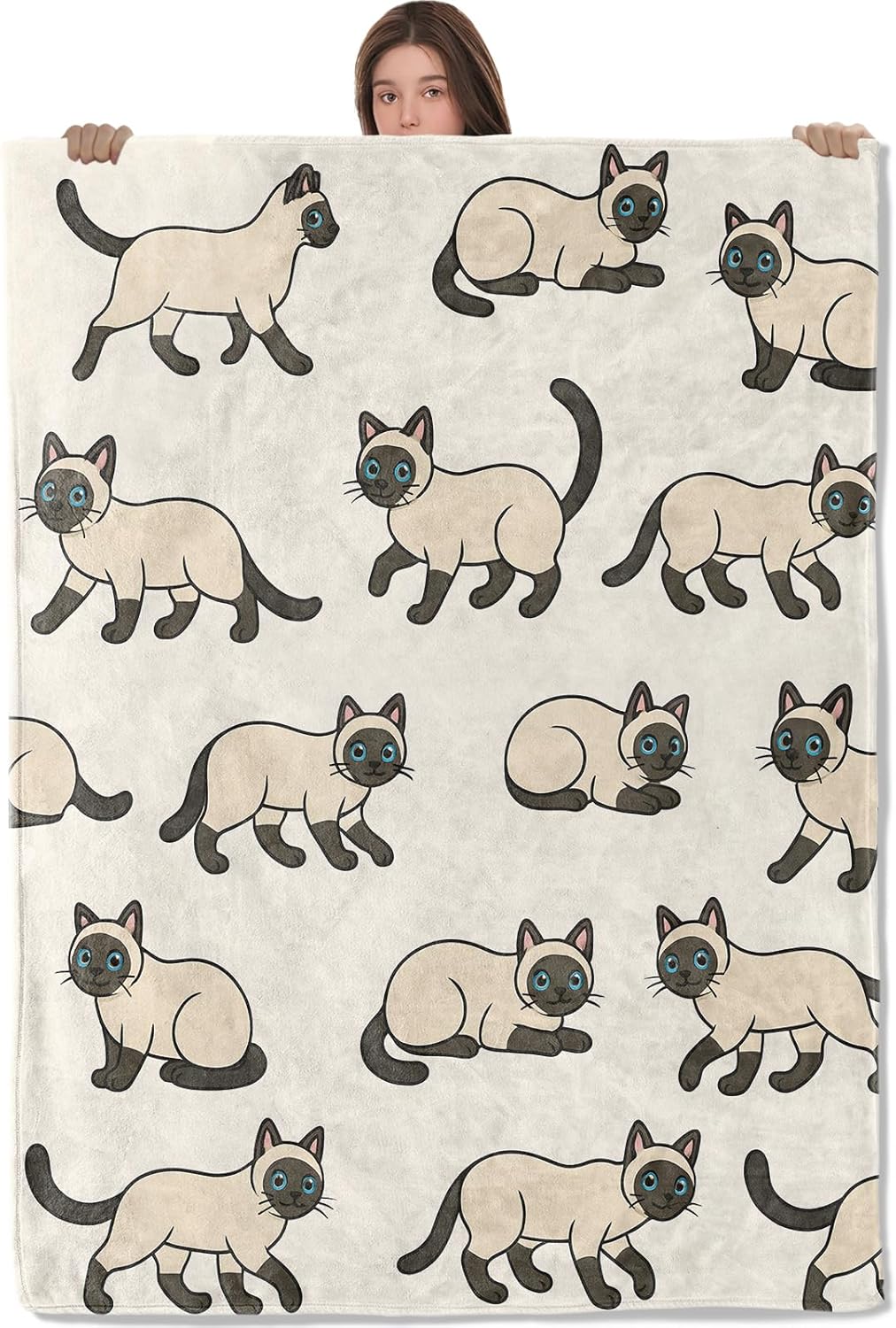 Siamese Feline Lightweight Throw Blanket, Cute Animal and Cartoon Cat Pattern, Warm Soft Cozy Flannel Blankets, Couch Bed Home Decor All Season Use, 60x50in, Beige, Gifts for Pet Lovers