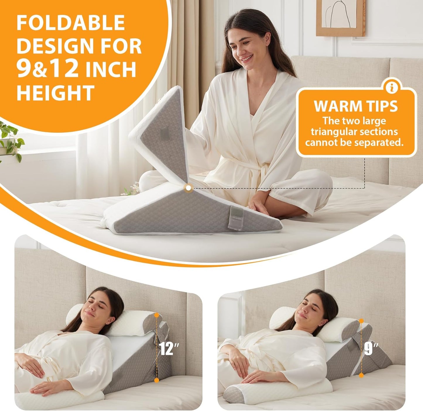 4PCS Wedge Pillow Set for After Surgery, Adjustable 9&12 Inch Bed Wedge Pillow for Sleeping, Incline Pillow Wedge for Headboard, Post Surgery, Acid Reflux, Neck&Back Support, White/Grey