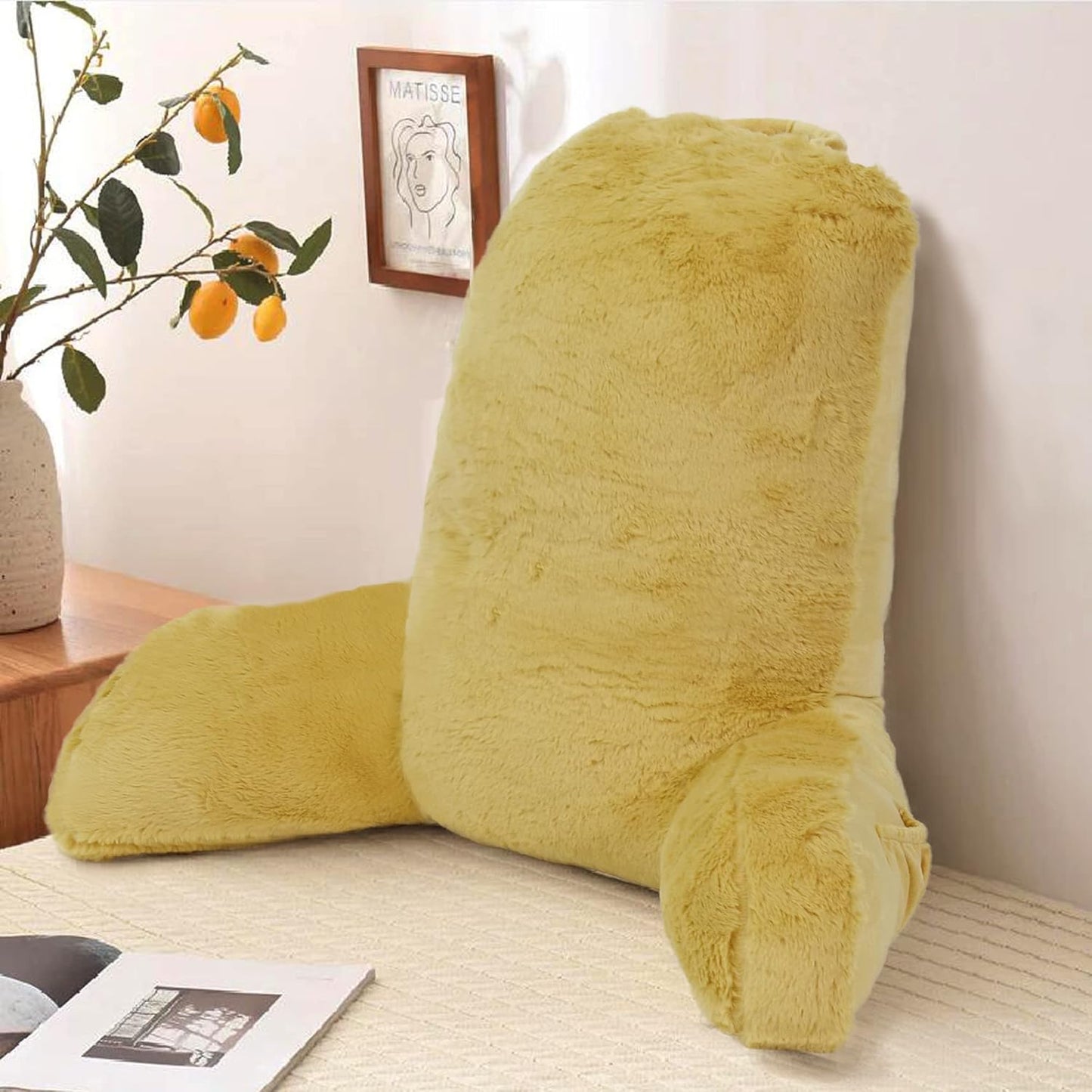 Faux Fur Reading Pillow Cover (Cover ONLY, NO Filler) for Shredded Stuffings, Removable Bed Rest Pillow Cover with Arms Pockets (Zipper Length 15.8"), 30 Inch High, Yellow