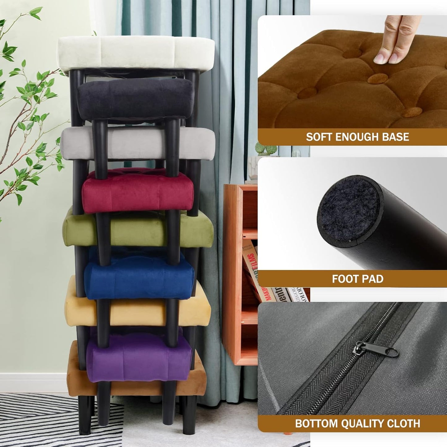 HOUCHICS Small Footstool Ottoman,Velvet Soft Footrest Ottoman with Wood Legs,Sofa Footrest Extra Seating for Living Room Entryway Office(Coffee 1PACK)