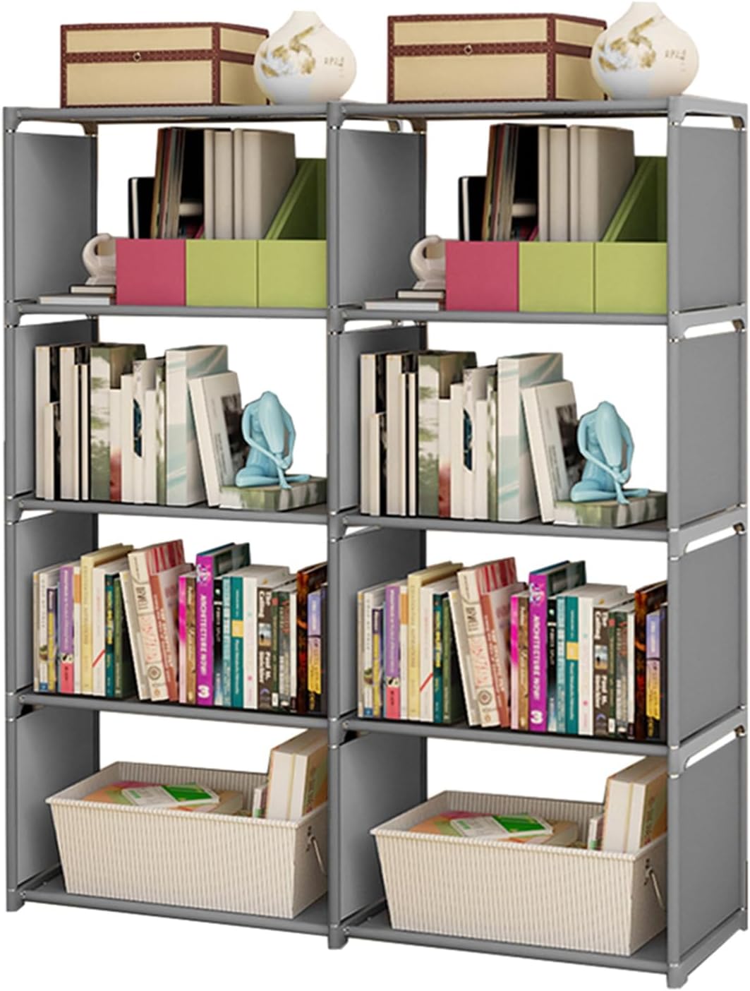 5 Tier Narrow Bookcase, 49.21x16.14x10.63in Steel Freestanding Bookcase Vertical Storage Standing Shelf for Living Room Study Room Bedroom Home Office (5 Tier Double Row)