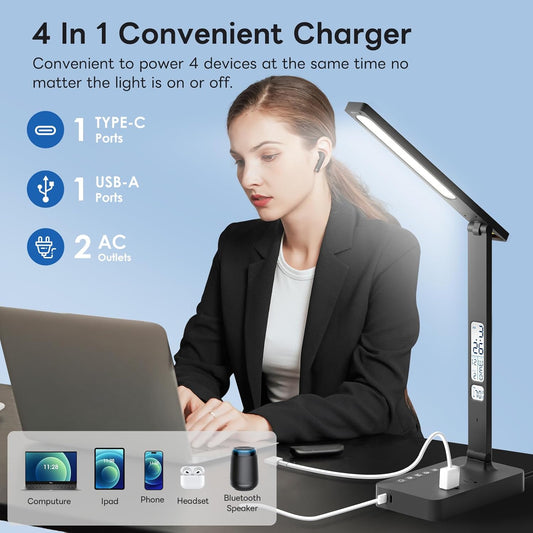 Infiway Desk Lamp with USB Charging Port: LED Stepless Dimmable Eye Caring Desk Light for Home Office - 1 Type-C, 1 USB-A Charging Port, 2 AC Power Outlets, Multiple Light Modes for Study and Bedroom