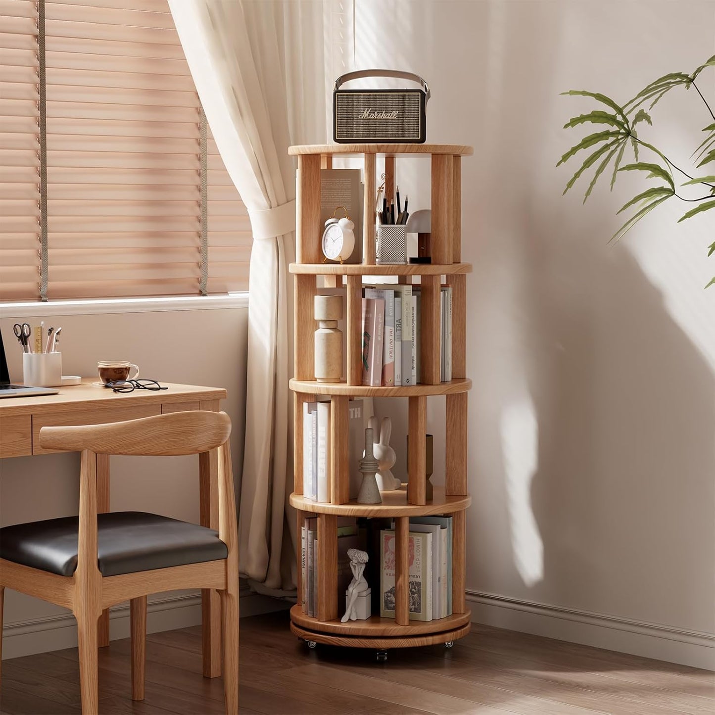 Mobile Rotating Bookshelf with Wheels - Solid Wood 360 ° Rotating Bookcase 4 Tier Revolving Bookshelf Spinning Bookcase Tower Corner Shelf for Small Space