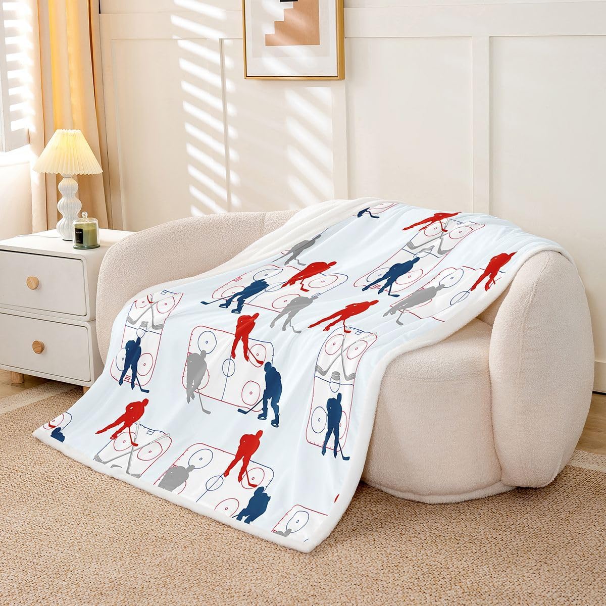 Manfei Ice Hockey Throw Blanket Red Blue Grey Hockey Player Fleece Blanket Winter Sports Theme Cozy Throws for Bed Couch Sofa,Kids Boys Girls Room Decor,Soft and Breathable(40 x 50 Inches)