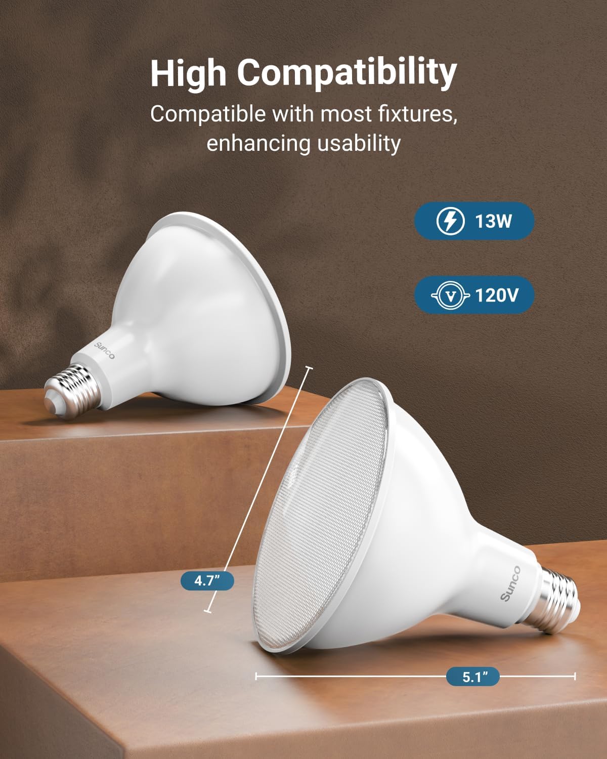 Sunco 6 Pack Outdoor Flood Light Bulb LED PAR38, Exterior Spotlight Bulbs, Weatherproof, 1050 LM, 13W (100W Equivalent), 3000K Warm White, Wet Rated, Dimmable, E26 Base UL.