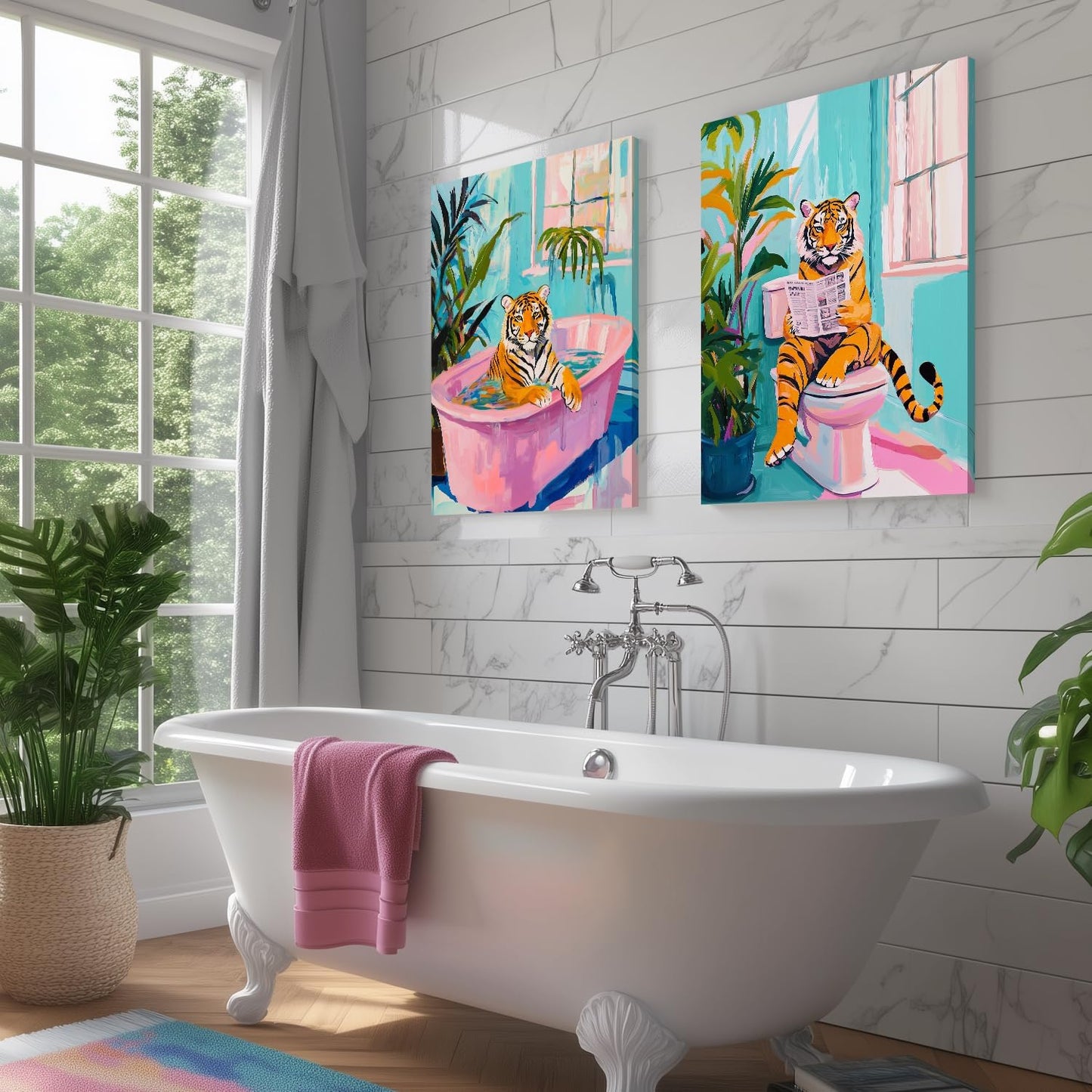 Funny Bathroom Pink Tiger Wall Art, Cute Tiger Reading Newspaper On The Toilet, Whimsical Animal Poster Prints for Restroom Bathroom, Set Of 2, 16x24 In
