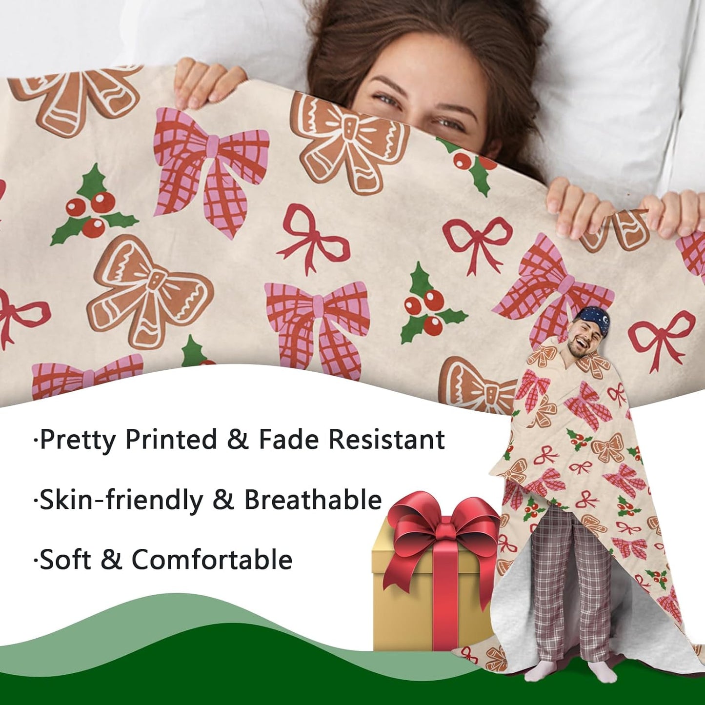 Pink Christmas Bow Flannel Throw Blanket, Xmas Coquette Ribbon Holly Berries Preppy Birthday Gifts for Kids Men Women, Winter Holiday Soft Blankets for Bedding Sofa 50 x 60 Inches