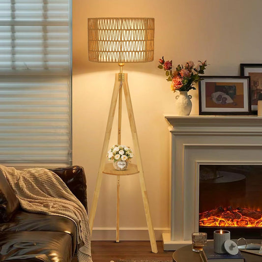 Oak Wood Tripod Floor Lamps for Living Room, Boho Floor Lamp with Shelves, Mid Century Rattan Standing Lamp with Fabric Shade, ON/Off Switch, Farmhouse Tall Floor Lamps for Bedroom Office