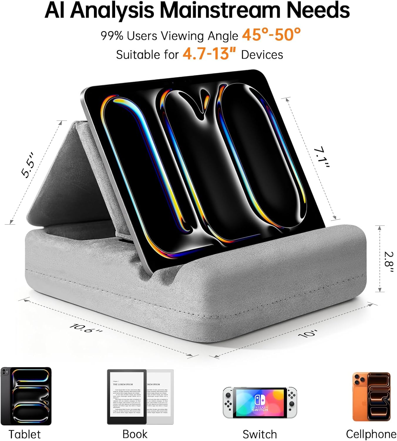 Tablet Pillow Stand with Storage, Foldable iPad Holder for Lep, Bed, Sofa, and Desk - Soft Pad Dock with Pocket and Stylus Mount Compatible with 4-13" iPad Pro/Air/Mini, Galaxy Tab, Kindle