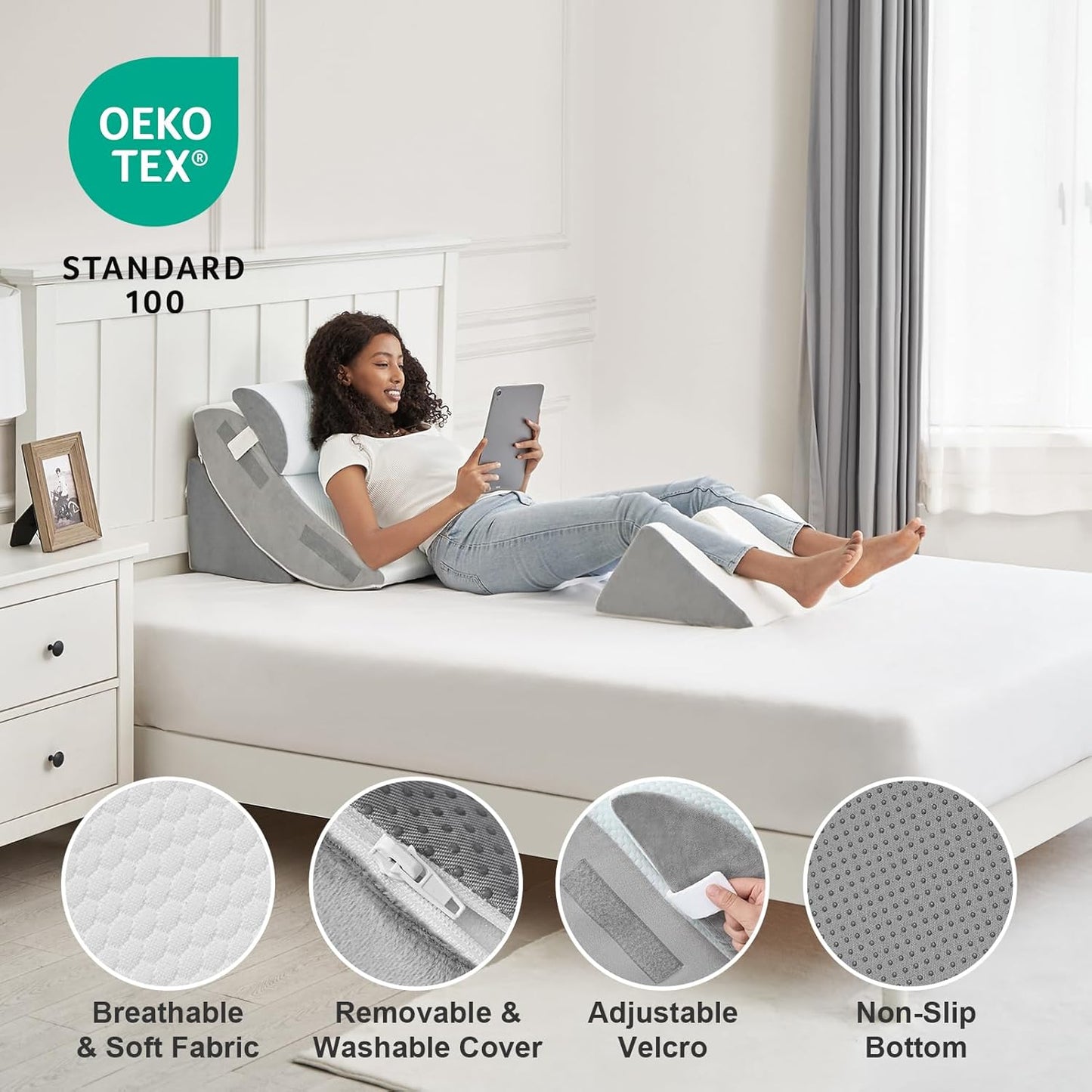 Hansleep Bed Wedge Pillow Set for After Surgery 4PCS, Post Surgery Pillow for Sleep Apnea and Acid Reflux Relief, Adjustable Reading Pillows Back Support with Memory Foam, White, 20"