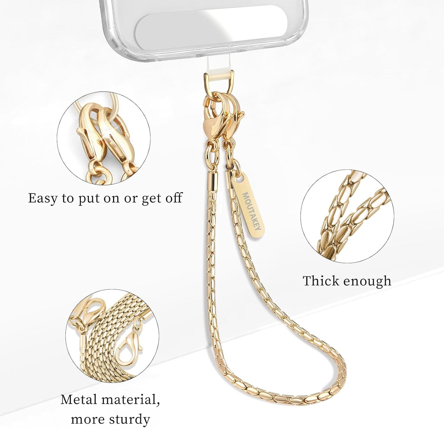 Phone Wrist Strap Metal Phone Chain Wristlet Strap Detachable iPhone Lanyard Wrist with 2 Tether Tabs iPhone Charm strap For Women girls Shopping Traveling Party Walking