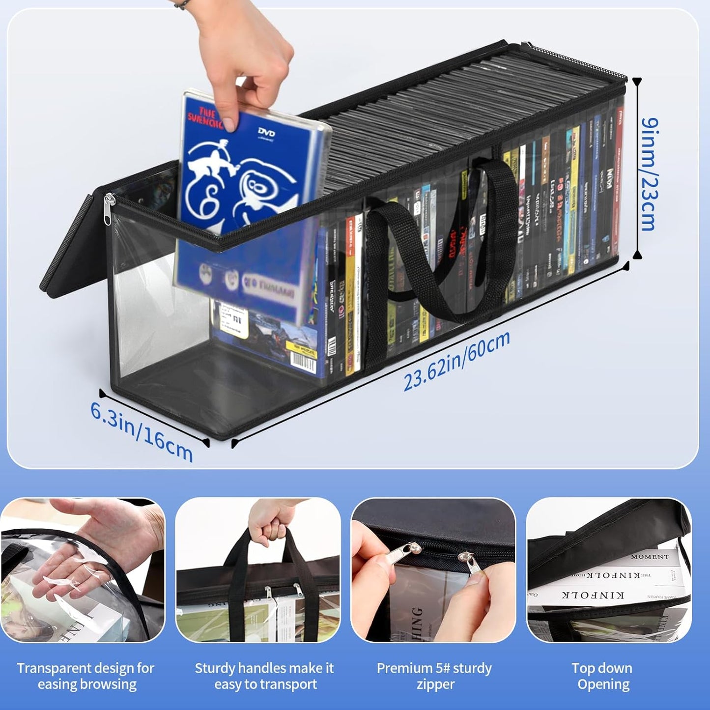 DVD Storage Bags, Media Organizer Bags for DVDs, CDs, Blu Ray Disc, Movie Cases, VHS Box, Video Game Disks, Albums, Books, Clear Plastic Holders with Carrying Handles (Black, 4Pack)