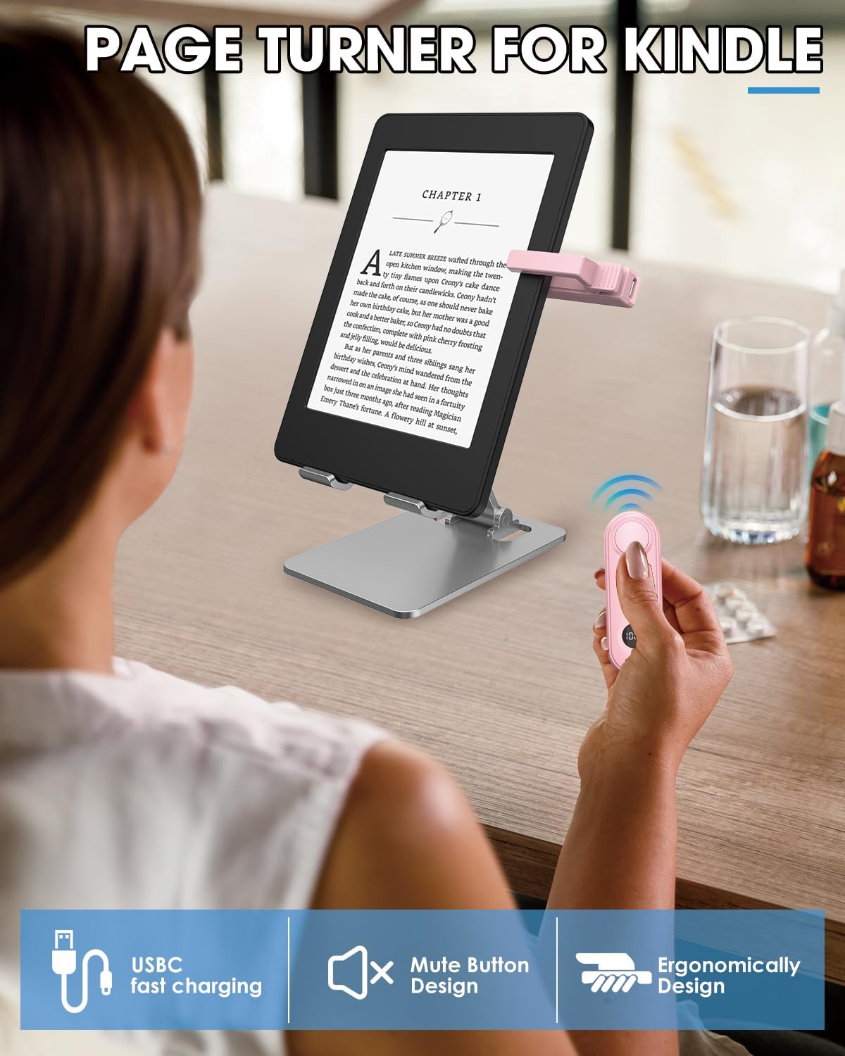 Remote Page Turner for Kindle Reading Accessories, Clicke for iPad iPhone Android Tablets E-Book Reading Noels, Camera Remote Shutter Selfie Controller, Pink