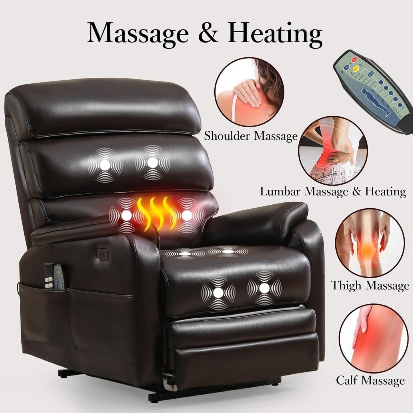 Power Lift Recliner Chair Single Sofa with Extended Footrest Heat Massage Big Tall Lay Flat Ergonomic Lounge Chairs for Home Theater Living Room Bedroom