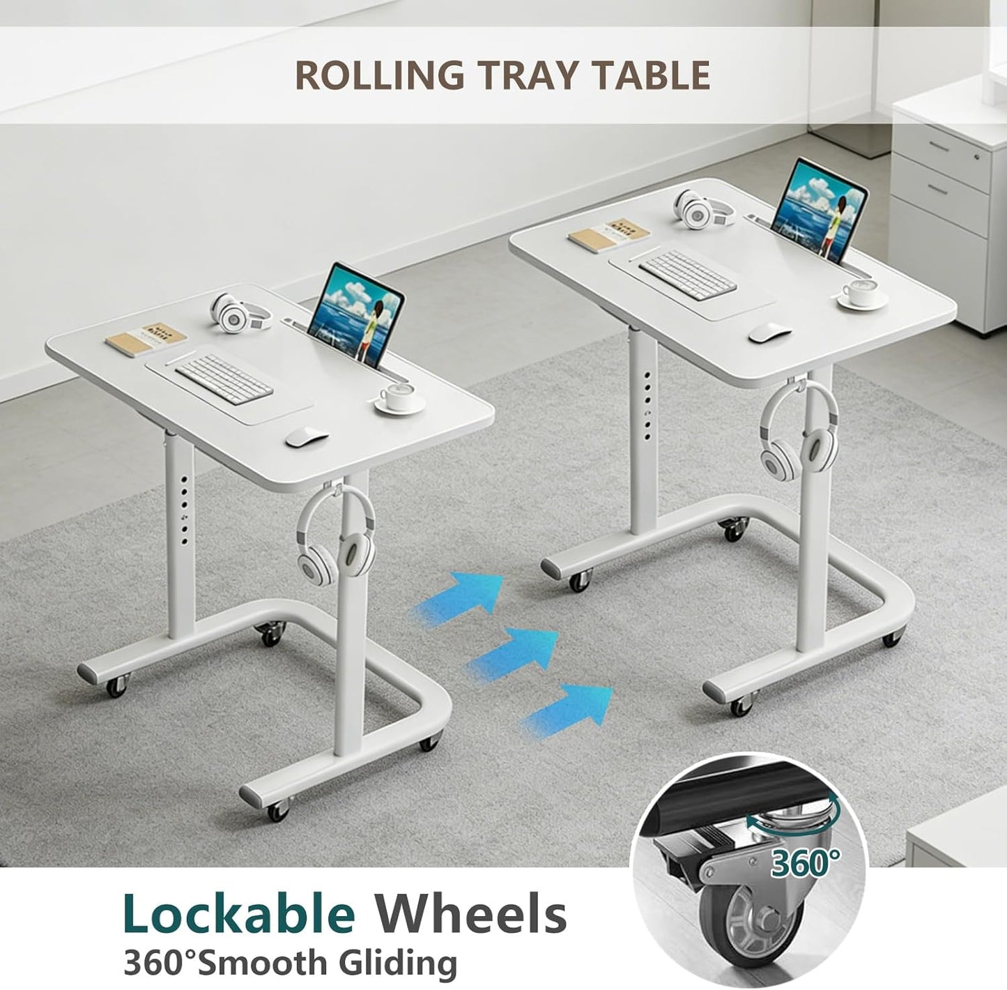 TV Dinner Tray Table,TV Trays for Eating on Couch,Height Adjustable TV Tray Table with Wheels,C Shaped End Table with Slot,Standing Rolling Laptop Desk&Wooden Snack Tray for Bed&Sofa&Recliner