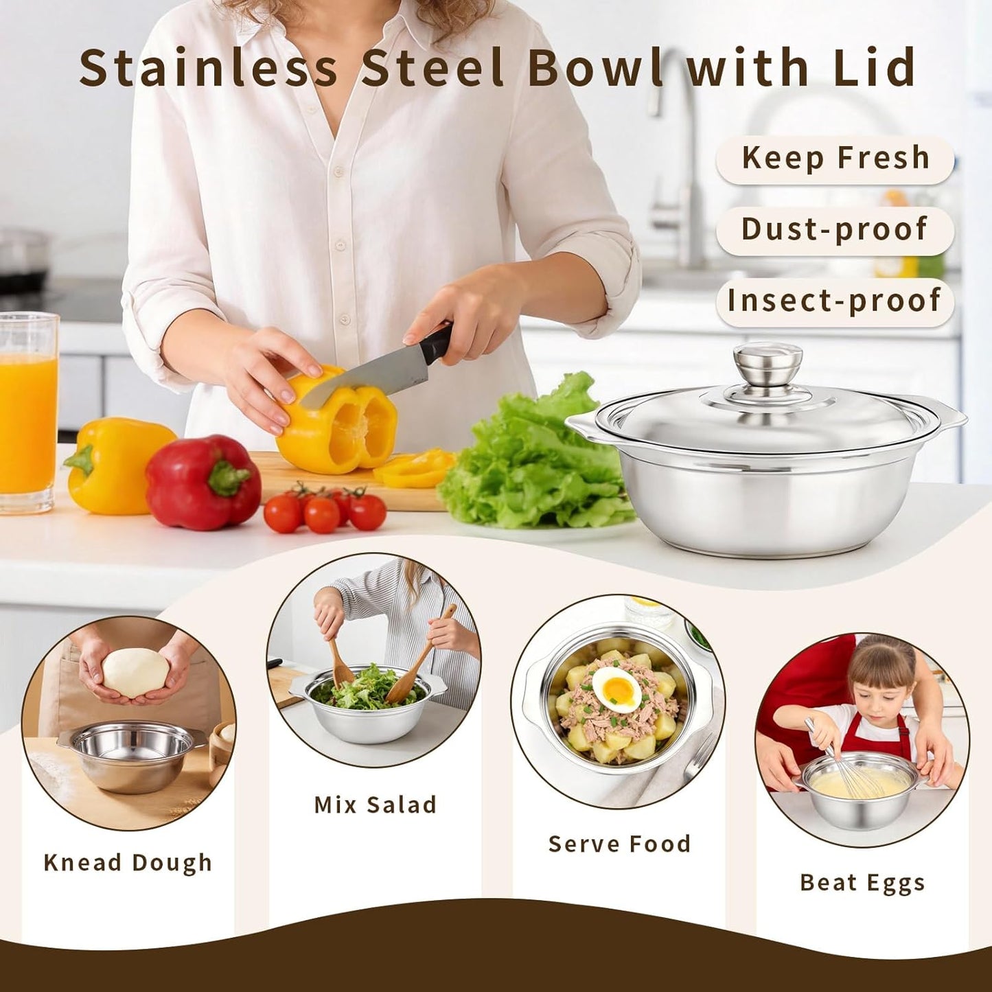 Stainless Steel Colander with Basin, 3 in 1 Multifunctional Drain Basket, 10.2 Inch Food Strainers, Fruit Washing Bowl Set, Strainer for Kitchen