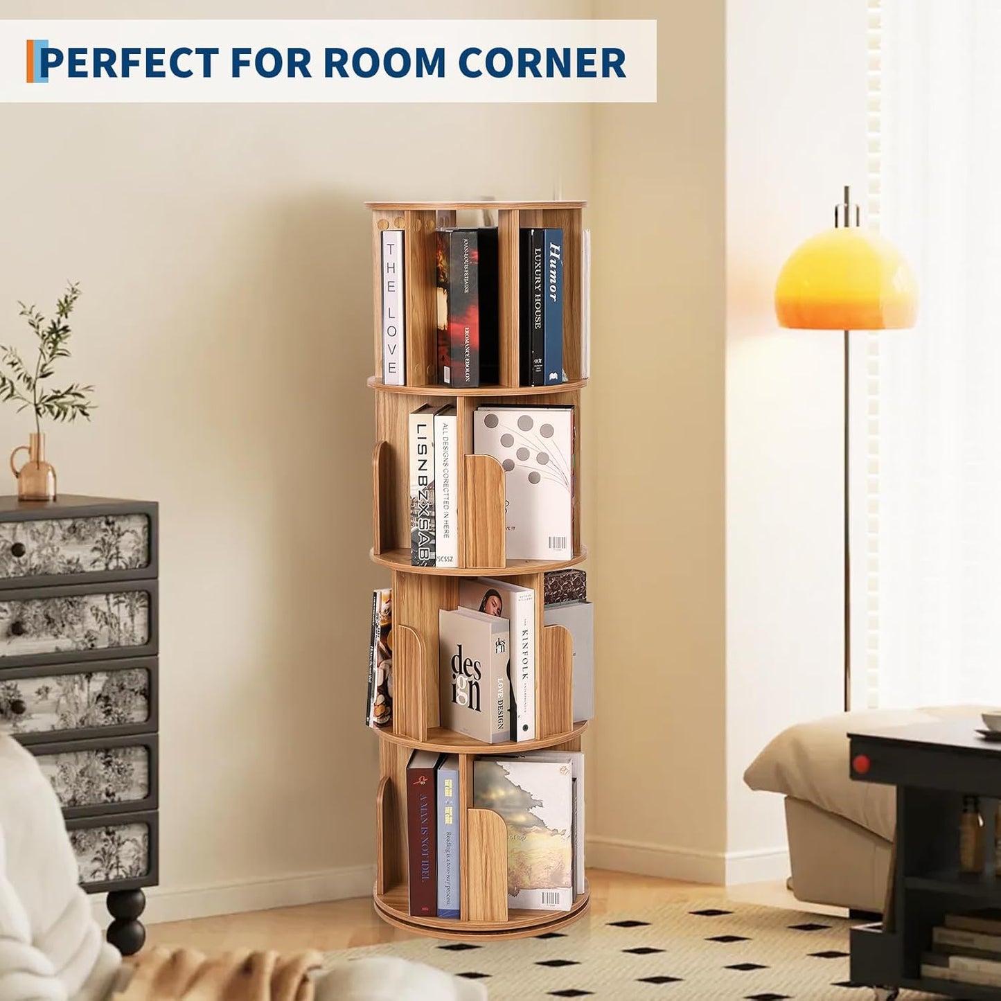 4 Tier Rotating Bookshelf, Compact Corner Bookcase for Small Spaces 360° Display Wood Spinning Storage Organizer for Bedroom, Living Room, and Kids' Rooms Wood