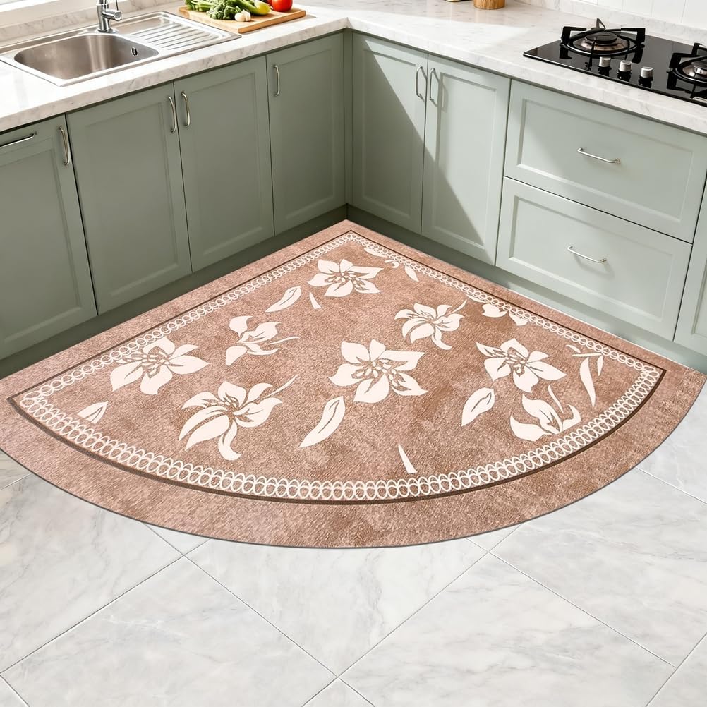Corner Rug, L Shaped Kitchen Mat, Non Slip Corner Kitchen Rugs Washable, 4mm Thickness Rubber Kitchen Mats for Floor, Water Absorbent, Easy to Clean, VINTAGELILY-27.5X27.5INCH(Half Circle)