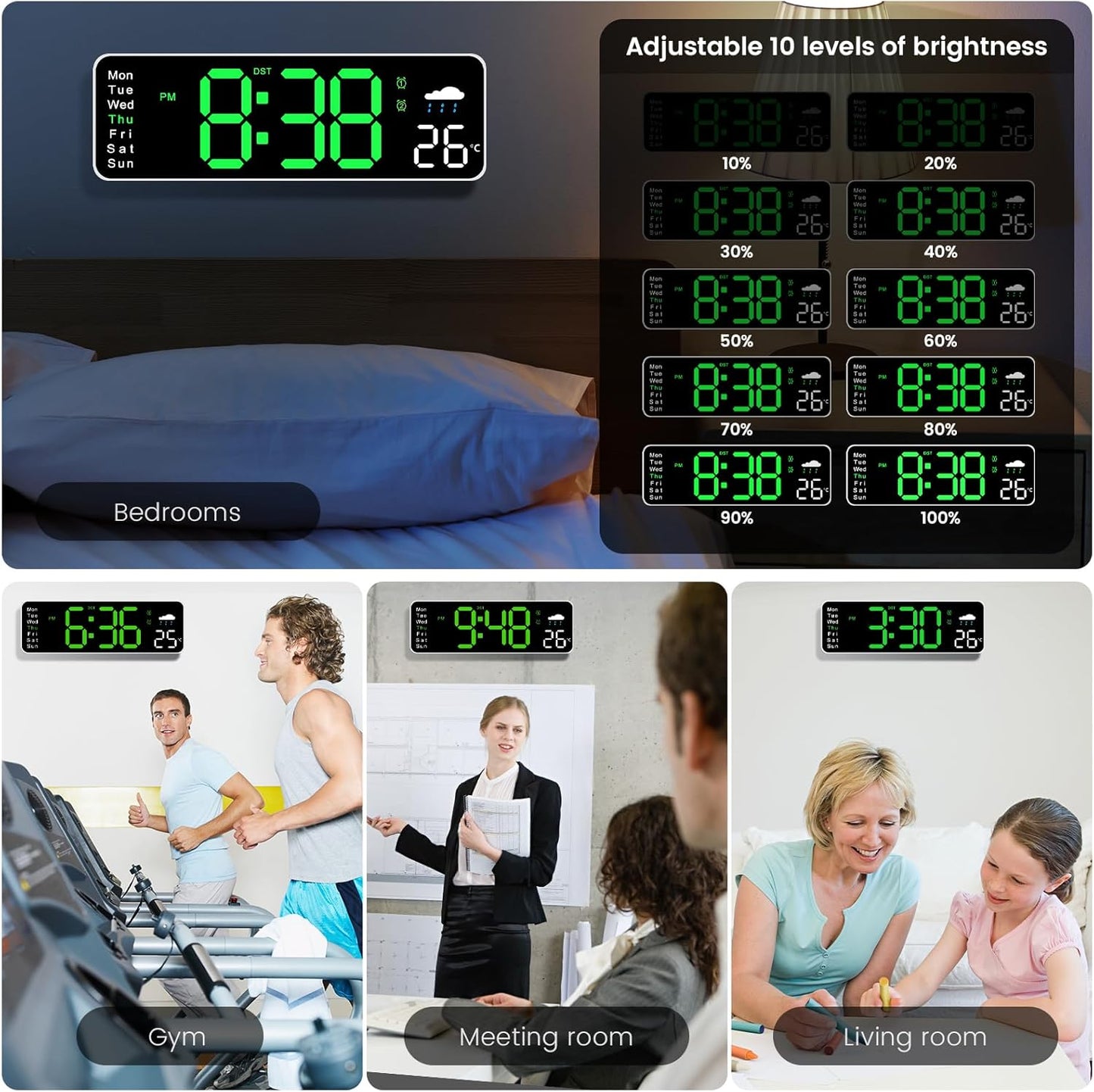 Digital Wall Clock, 12" Digital Clock with Temperature, Humidity, Weatherforecast, Day of The Week, Timer, Auto-dimming, for Living Room/Classroom/Gym/Church/Shop/Garage,Green