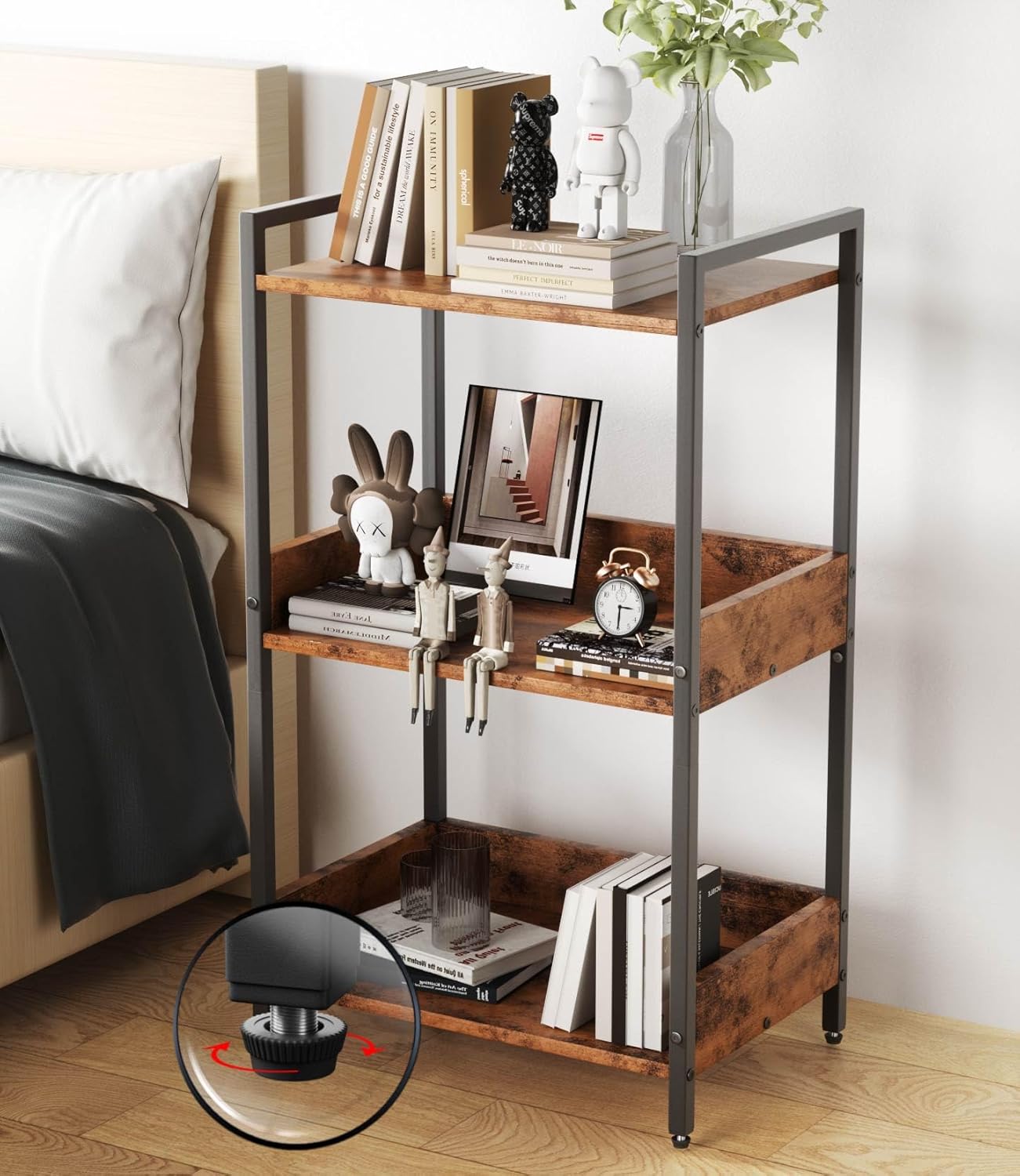 Bookshelf Bookcase with Storage Cabinet, 3-Tier Modern Corner Bookshelves, Narrow Wood Book Rack, Mini Floor Standing Book Organizer for Kid Room, Bedroom, Living Room, Home Office, CD/DVD