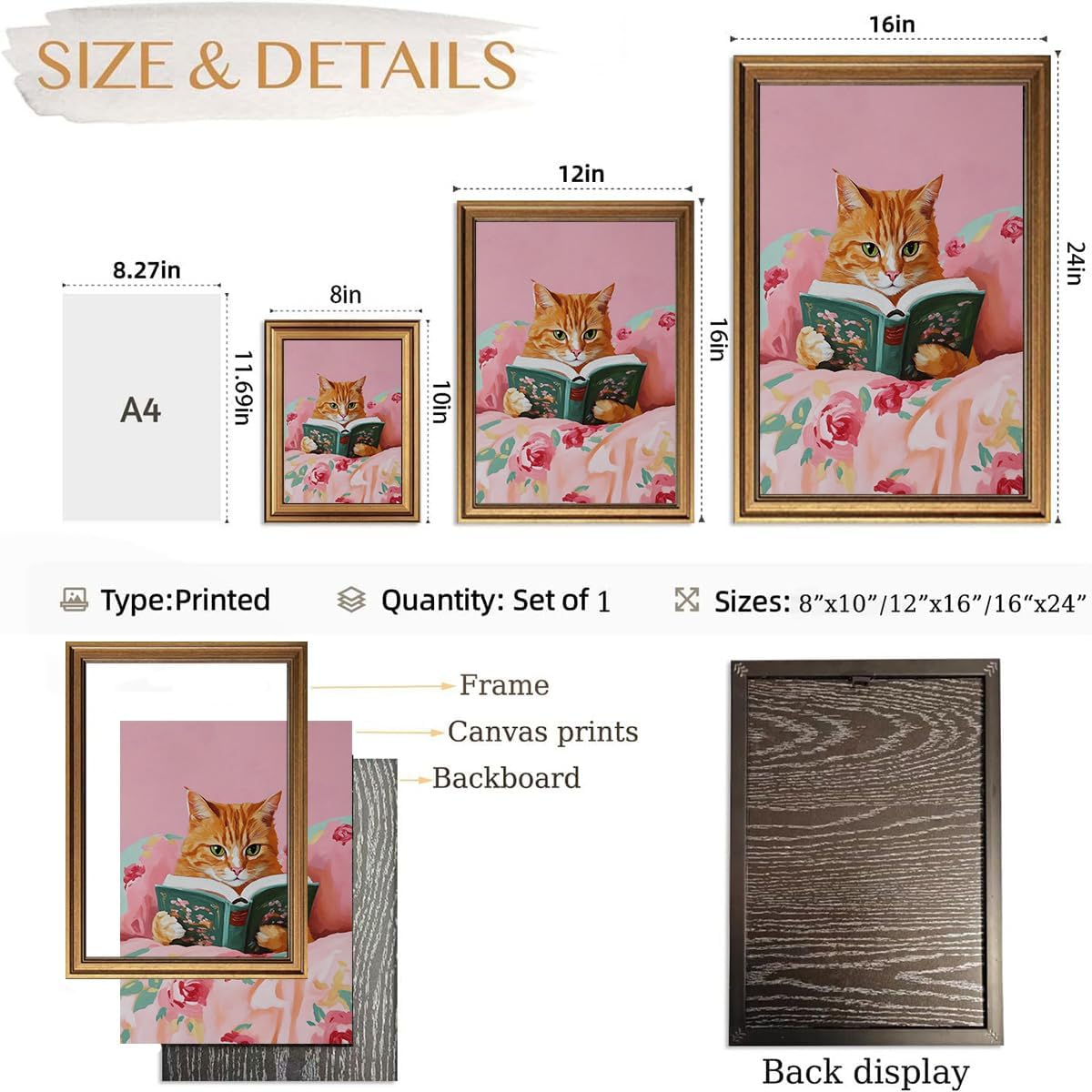 BRUZYIYE Cat Wall Art Vintage Gold Framed Wall Art Cat Pictures Wall Decor Funny Animal Reading Books Paintings Cute Kitten Lovers Aesthetic Canvas Prints for Nursery Girls Room Bedroom Kids Room 12x16in