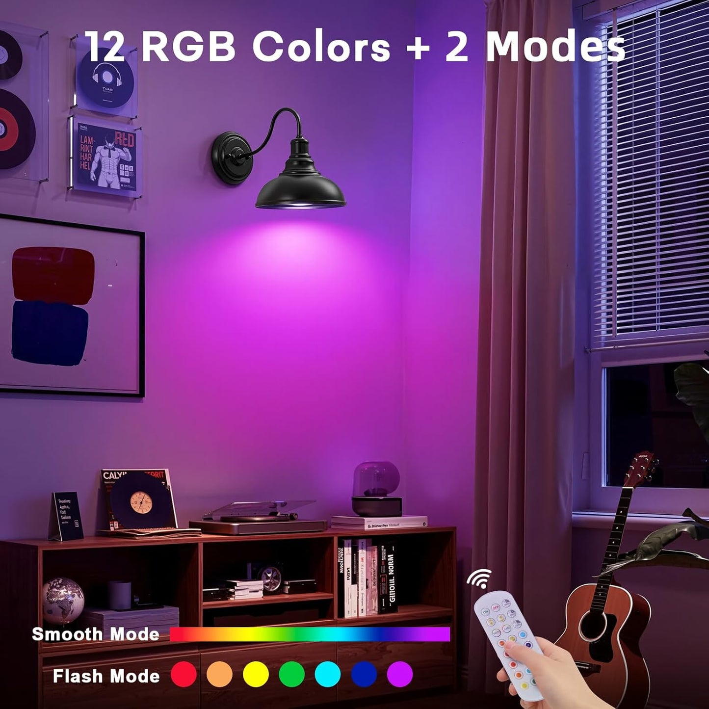 Lightess Black Battery Operated Wall Sconces Set of Two, Vintage Wireless Wall Lights with Rechargeable 12 Colors Bulbs, Dimmable Cordless Gooseneck Wall Decor Lamps with Remote Control