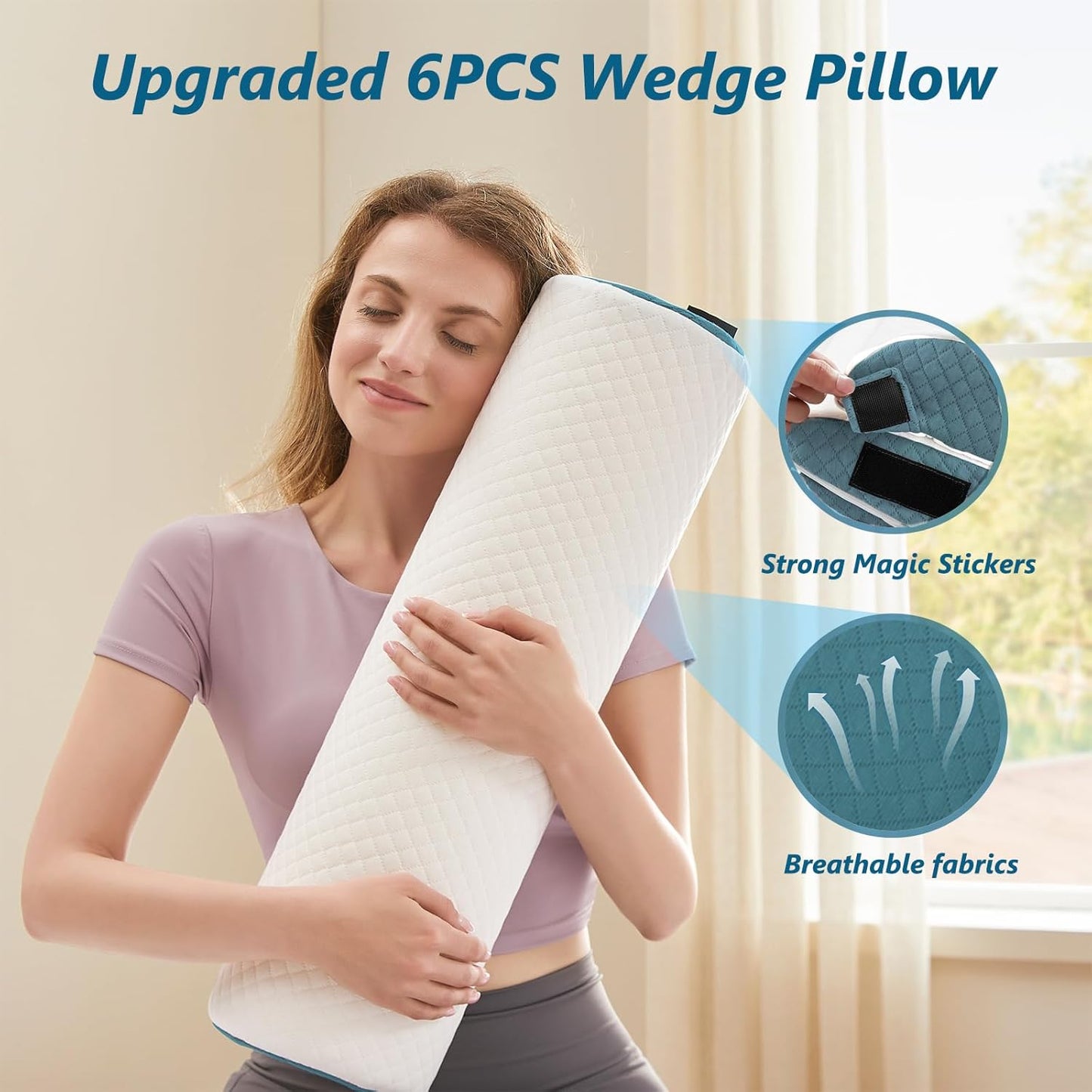 6PCS Orthopedic Bed Wedge Pillow Set for Sleeping - Adjustable Post Surgery Pillow Set for Back Neck Leg Support - Wedge Pillow for After Surgery Snoring & Acid Reflux (White Blue)