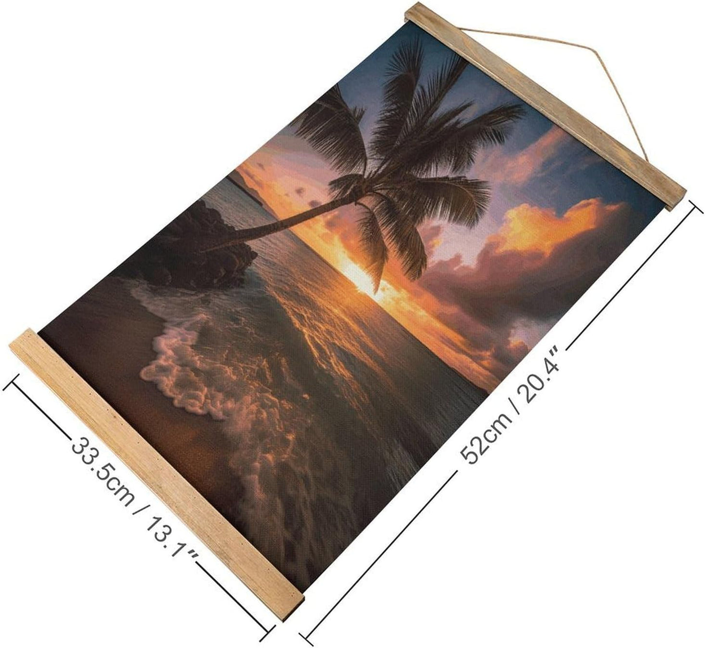 Vintage Palm Tree Sunset Beach Poster with Wooden Frame Personalized Linen Hanging Scroll Painting Rustic Wall Hanging Illustrative Modern Artwork Decor for Home Living Room Bedroom Office