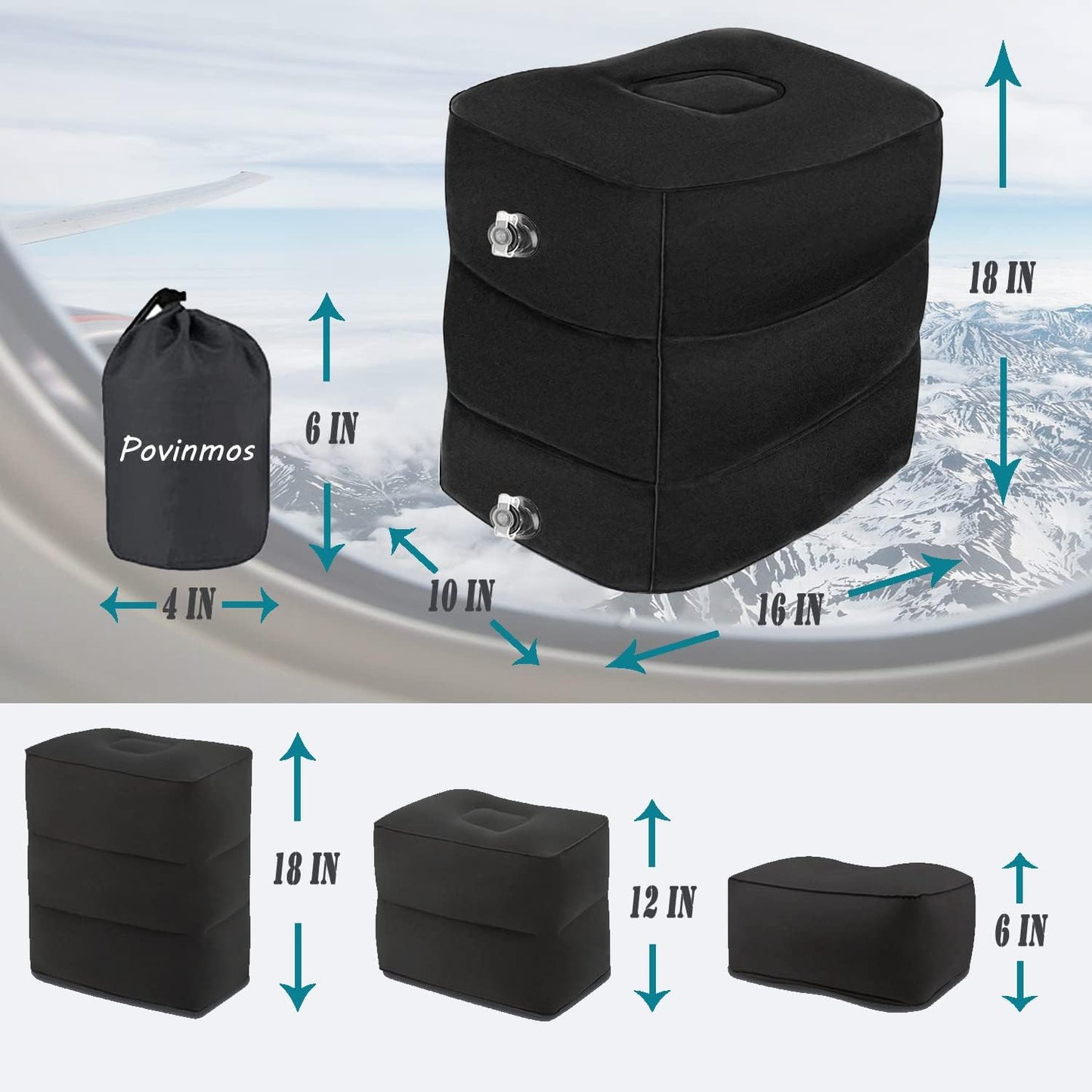Inflatable Foot Rest Pillow for Travel, Kids/Adults Airplane Travel Pillow Kids Bed-Adjustable Height Cushions,for Kids to Sleep While Traveling,Suitable for Car,Office,Home,Travel (Black)