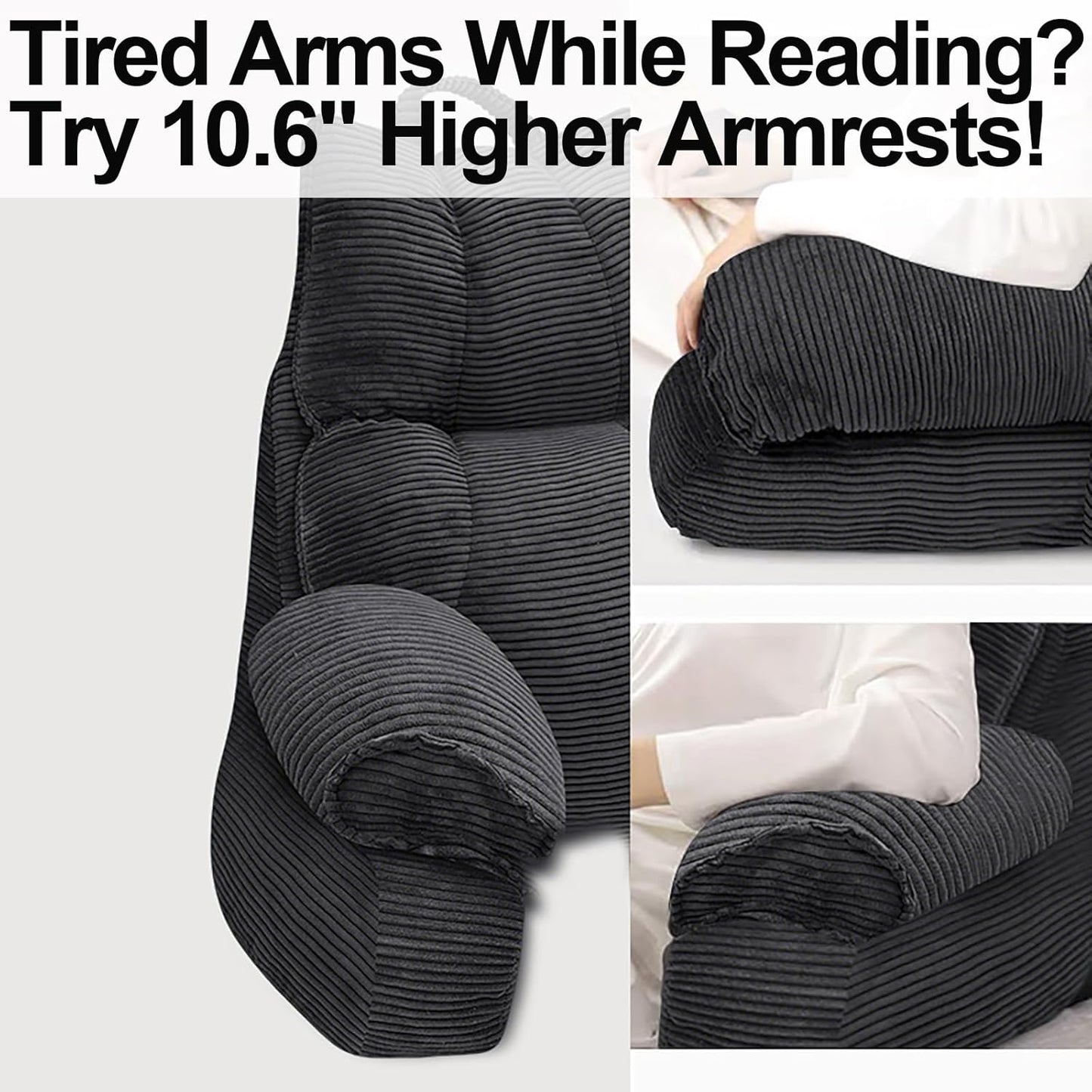 RRPAHWTV Reading Pillow for Bed with High Arm Rests ,Back Support Pillow for Sitting Up in Bed with Shredded Memory Foam for Reading, TV, Gaming or Relaxing on Floor（Grey Black, Large）