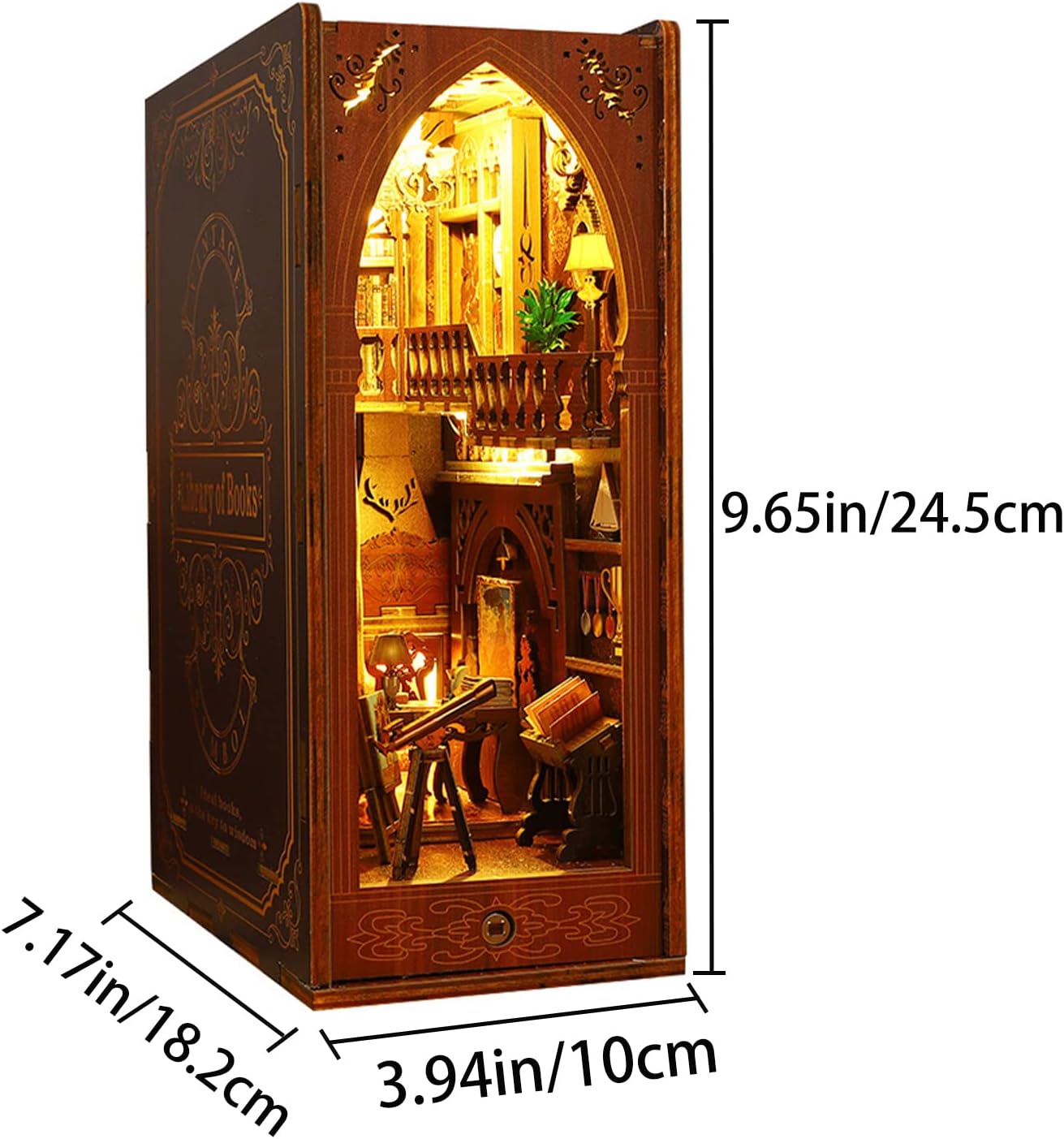 3D Wooden Magic Library Book Nook Kit - Enchanting Bookshelf Insert with Touch LED | DIY Bookend Decor | Ideal for Adults & Teens (Library)