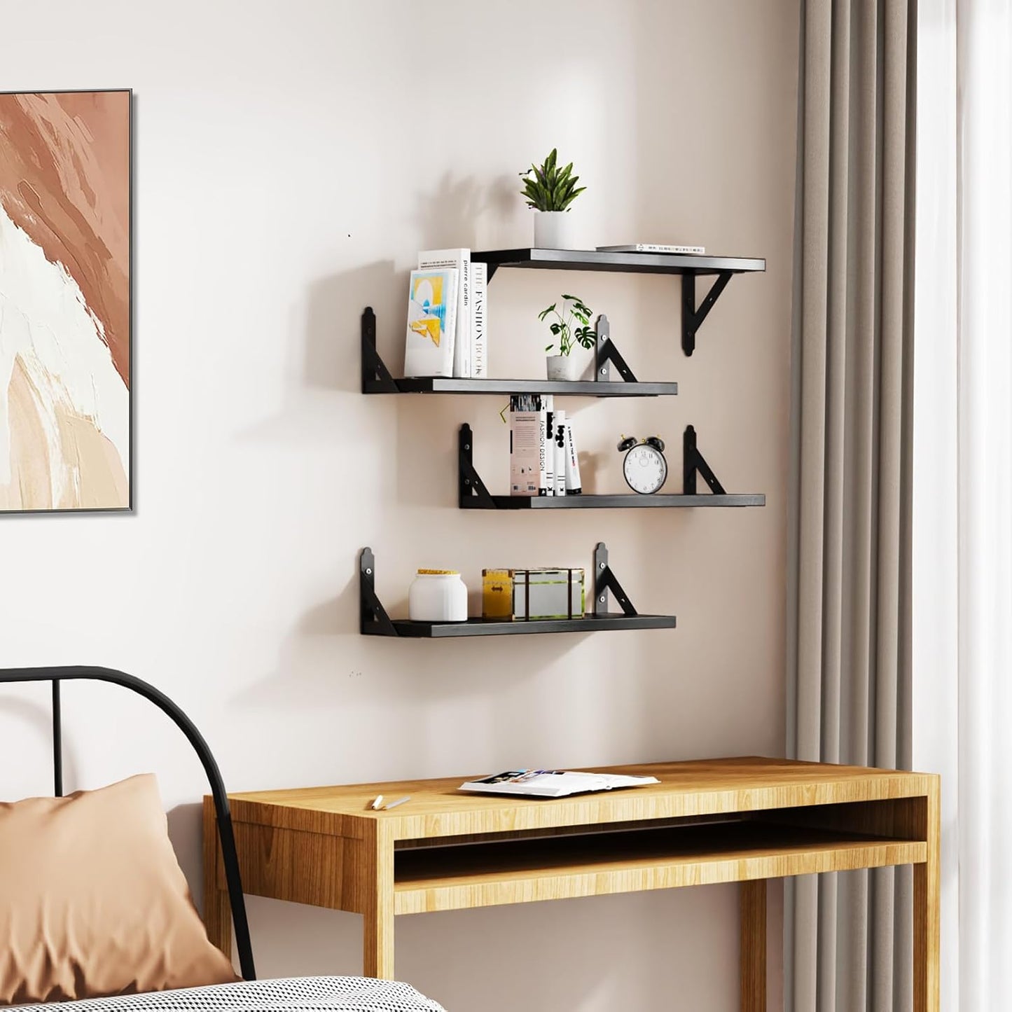 Wood Floating Shelves Set of 4, Rustic Storage Decor Wall Shelves, Wall Mounted Shelf for Living Room, Bedroom 17" x 6", Black