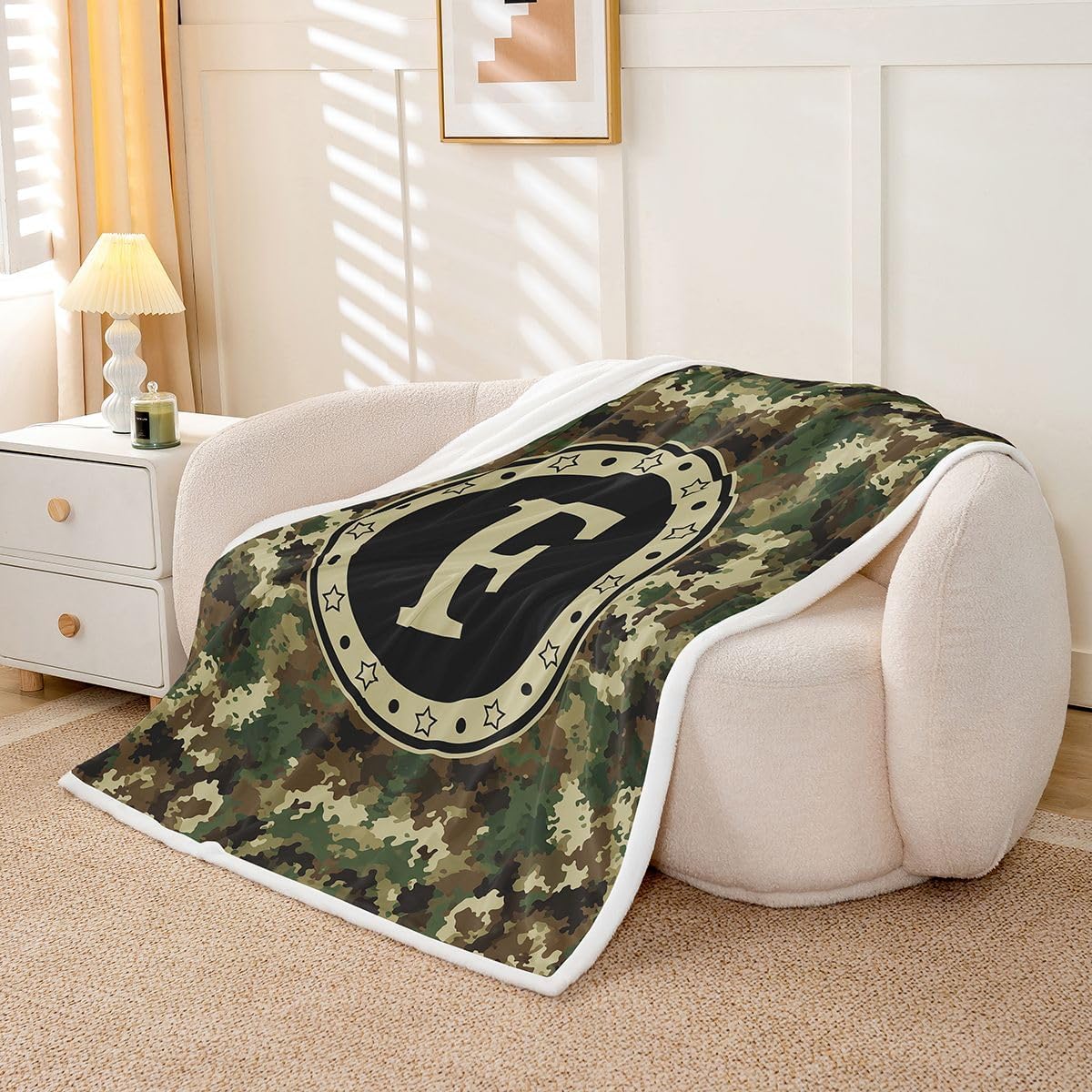 Feelyou Camo Sherpa Throw Blanket for Couch Personalized Initial F Super Soft Cozy Fleece Monogrammed Blanket for Winter, Plush Throw Camouflage Throw 50"x60" Military Style All Season