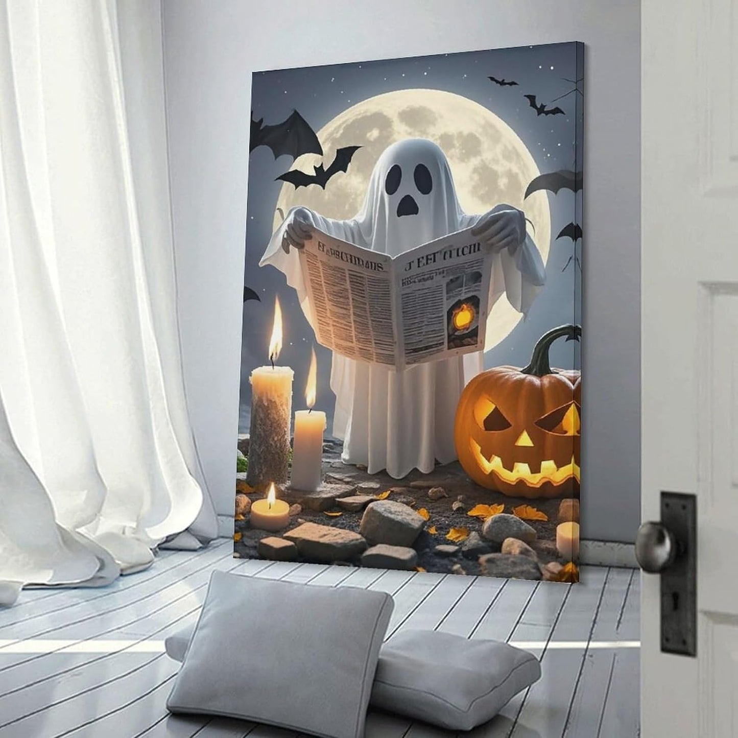 ZLFDSKGY Frame 20x30 inch (50x75 cm) Canvas Wall Art Ghost Reading Printed Wall Decor Hanging Canvas Pictures Wall Decorations Art Poster for Living Room Bedroom Bathroom