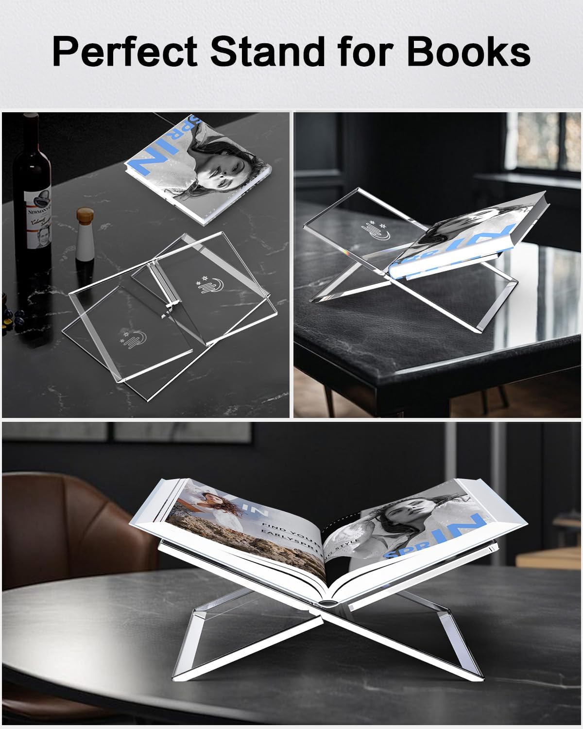 Clear Acrylic Book Stand, Adjustable Height Large Open Book Display Stand Coffee Table Book Stand, Book Holder Stand for Reading Display Cookbook, Recipe, Bible, Quran, Magazines, Textbooks, Easel