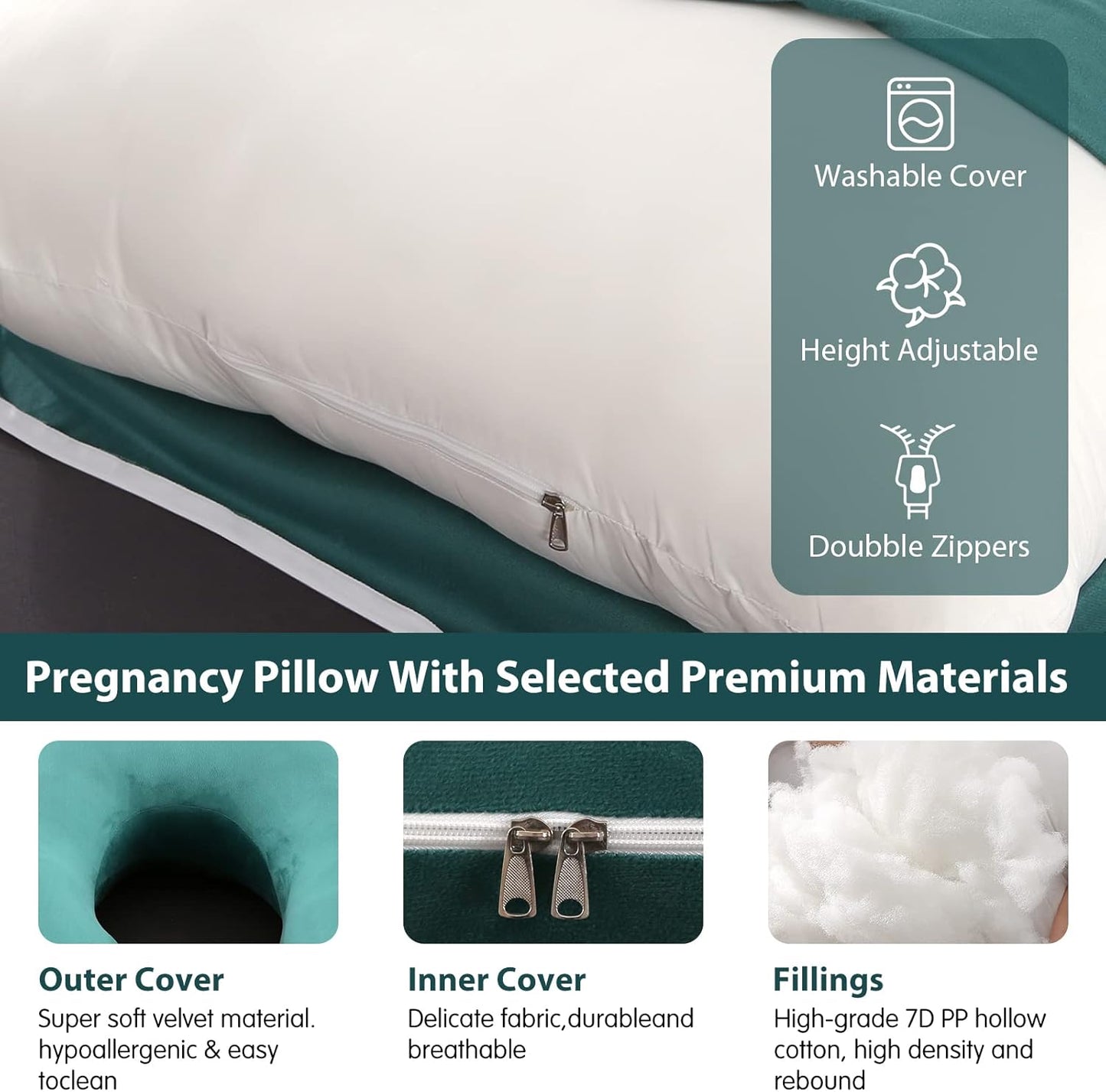 Full Body Pregnancy Pillow for Women-57 Inch U-Shaped Maternity Pillow with Removable Washable Cover Support for Back,Hips,Belly,Legs & Neck (Velvet,Forest Green)