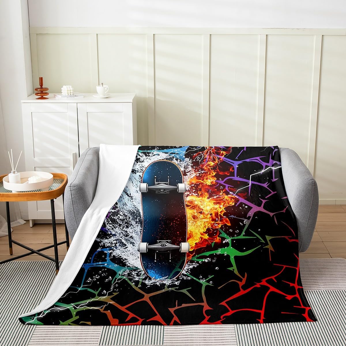 Erosebridal Skateboard Blanket Twin 60x80, Ombre Geometric Modern Kids Girls Throw Blanket For Sofa Bed, Fire Water Vehicles Luxury Soft Fleece Blanket, Black Orange Abstract All Seasons Fuzzy Blanket