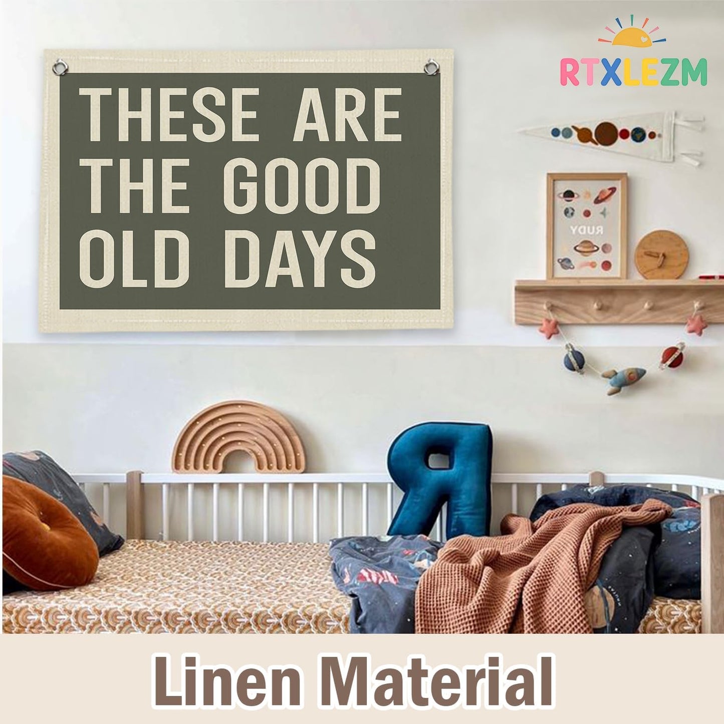RTXLEZM These Are The Good Old Days Vintage Green Linen Wall Banners Print, Inspirational Quote Wall Art for Nursery Decor, Playroom Decor, Bedroom Dorm, Office, Retro Room Decor, Holiday Gift, 36x24