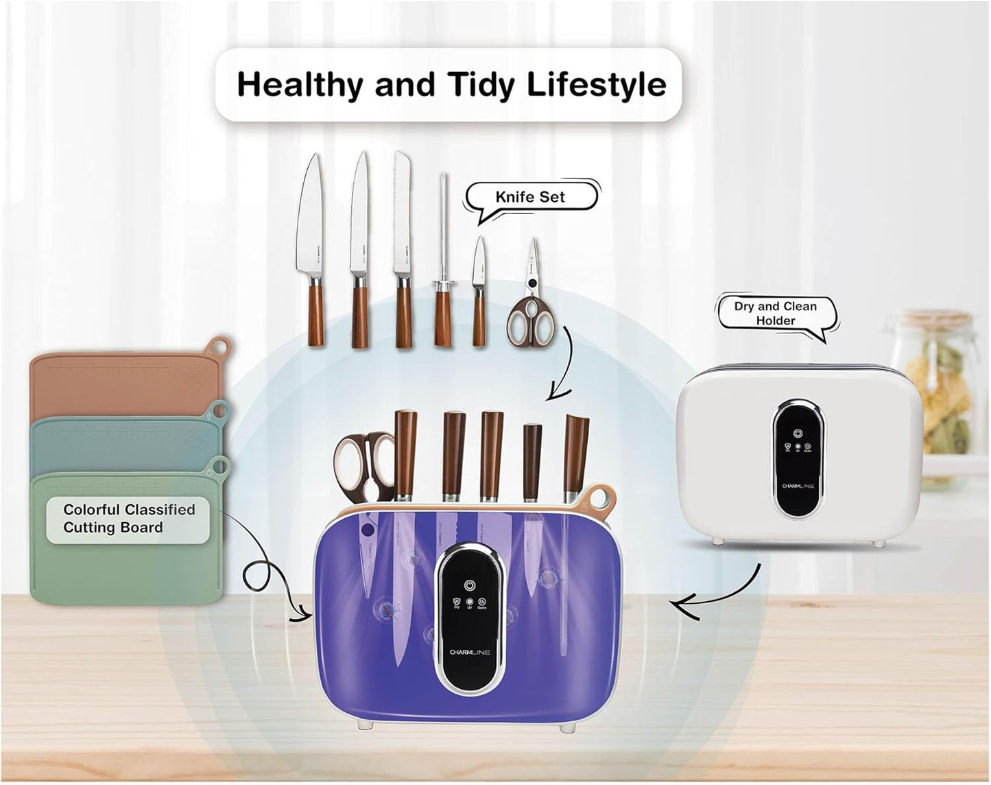 Charmline Smart Cutting Board and Knife Set with Holder, Double Cleaning and Drying Function, Space Saving Smart Home Gadgets, Keeping Kitchen Clean and Tidy, Brown