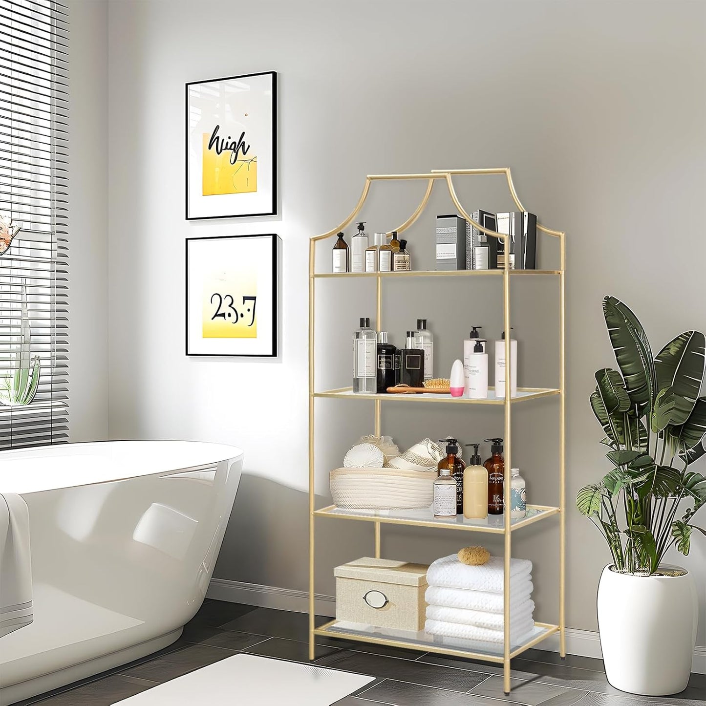 4 Tier Bookshelf, Metal Book Shelf for Storage, Tall Storage Display Bookcase, Modern Open Book Case for Bedroom, Living Room, Glass Office Organization Shelf, 66.3" X 26" X 13"