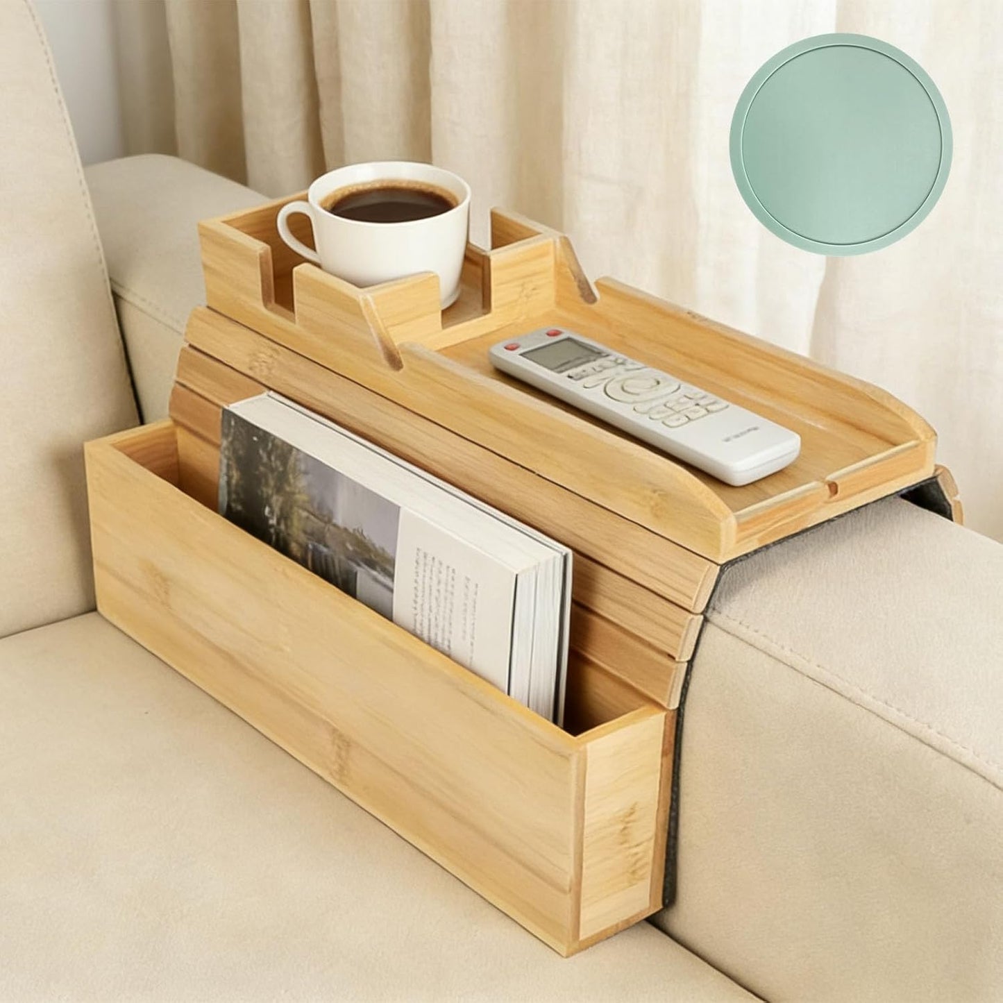 Bamboo Couch Armrest Table Foldable Sofa Arm Tray with Storage, Anti-Slip Cup Holder & Coaster, Splash-Proof Remote Holder for Snacks Phones Tablets TV Tray Couch Caddy Fits Armrests 4.5” and Wider